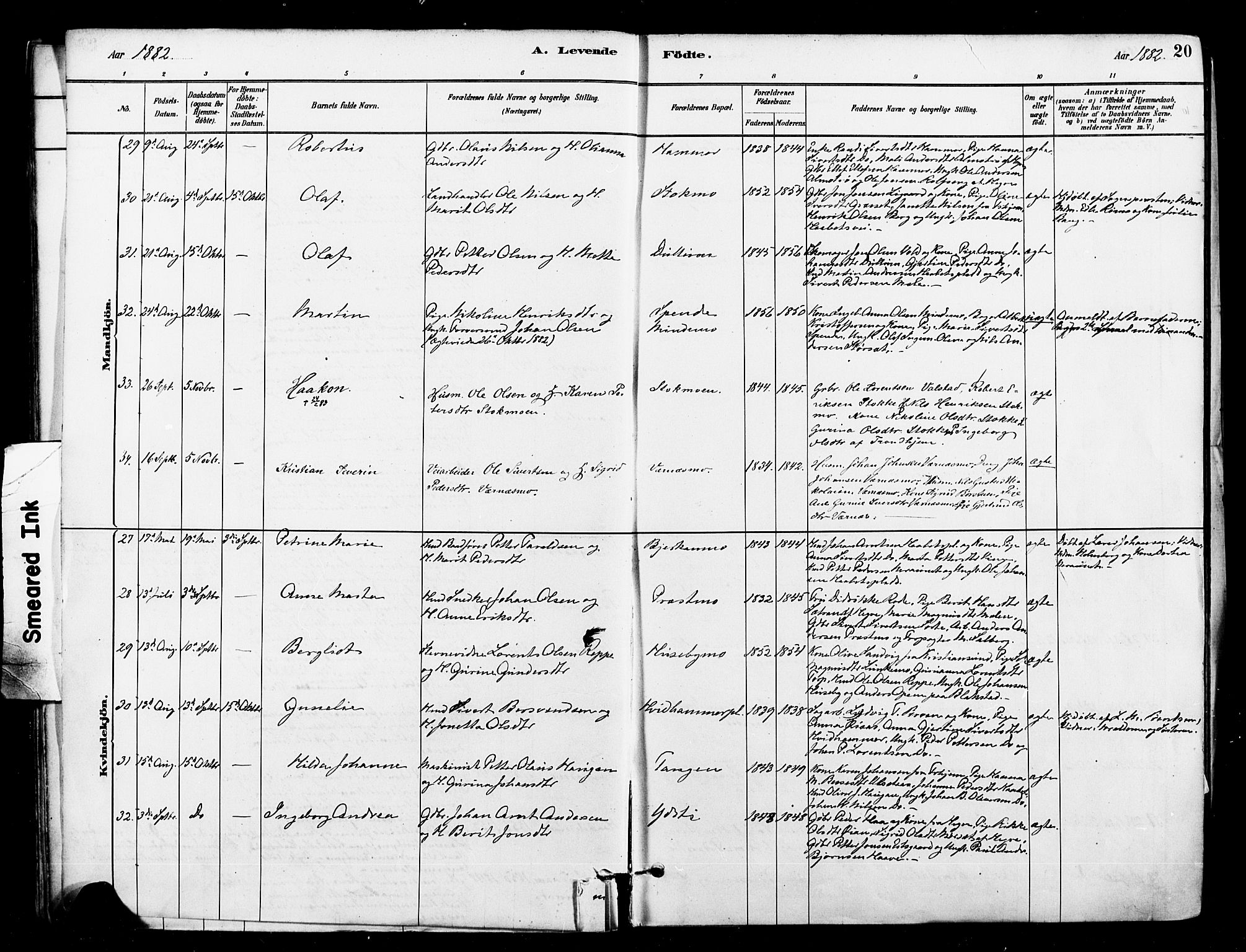 Ministerialprotokoller, klokkerbøker og fødselsregistre - Nord-Trøndelag, AV/SAT-A-1458/709/L0077: Parish register (official) no. 709A17, 1880-1895, p. 20