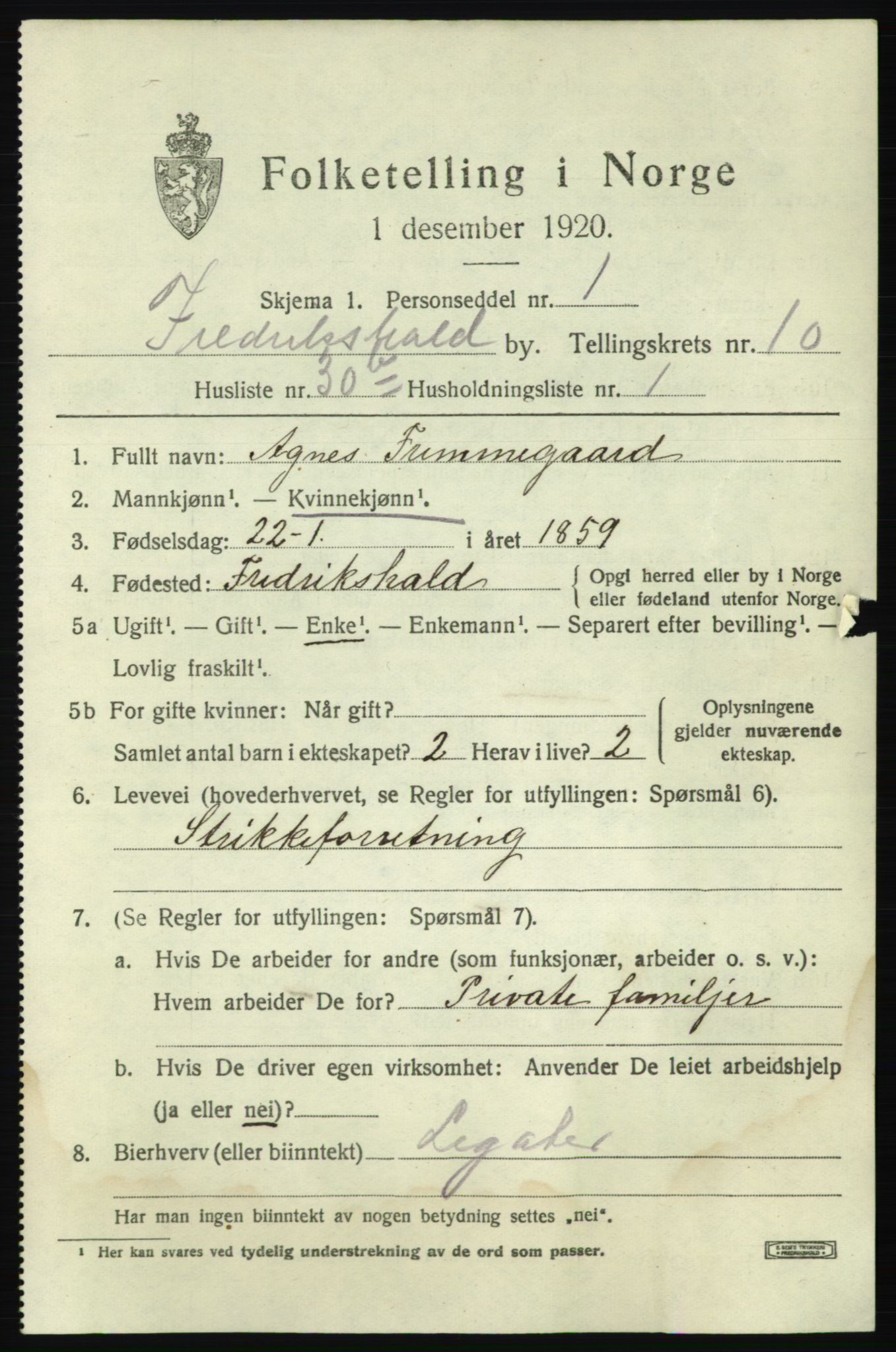 SAO, 1920 census for Fredrikshald, 1920, p. 18397