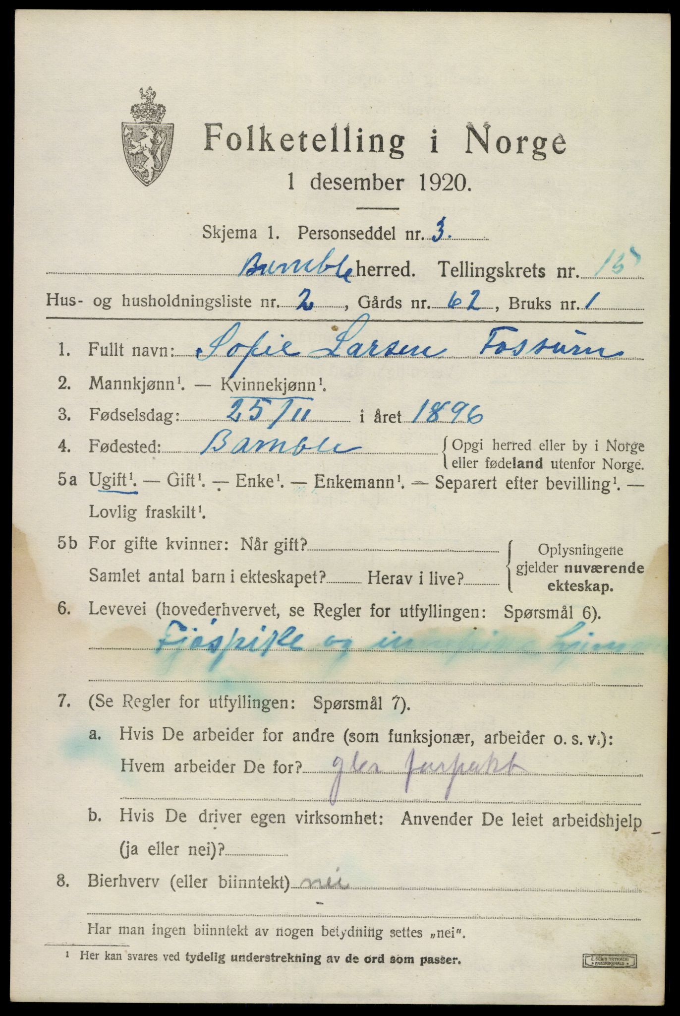 SAKO, 1920 census for Bamble, 1920, p. 10853