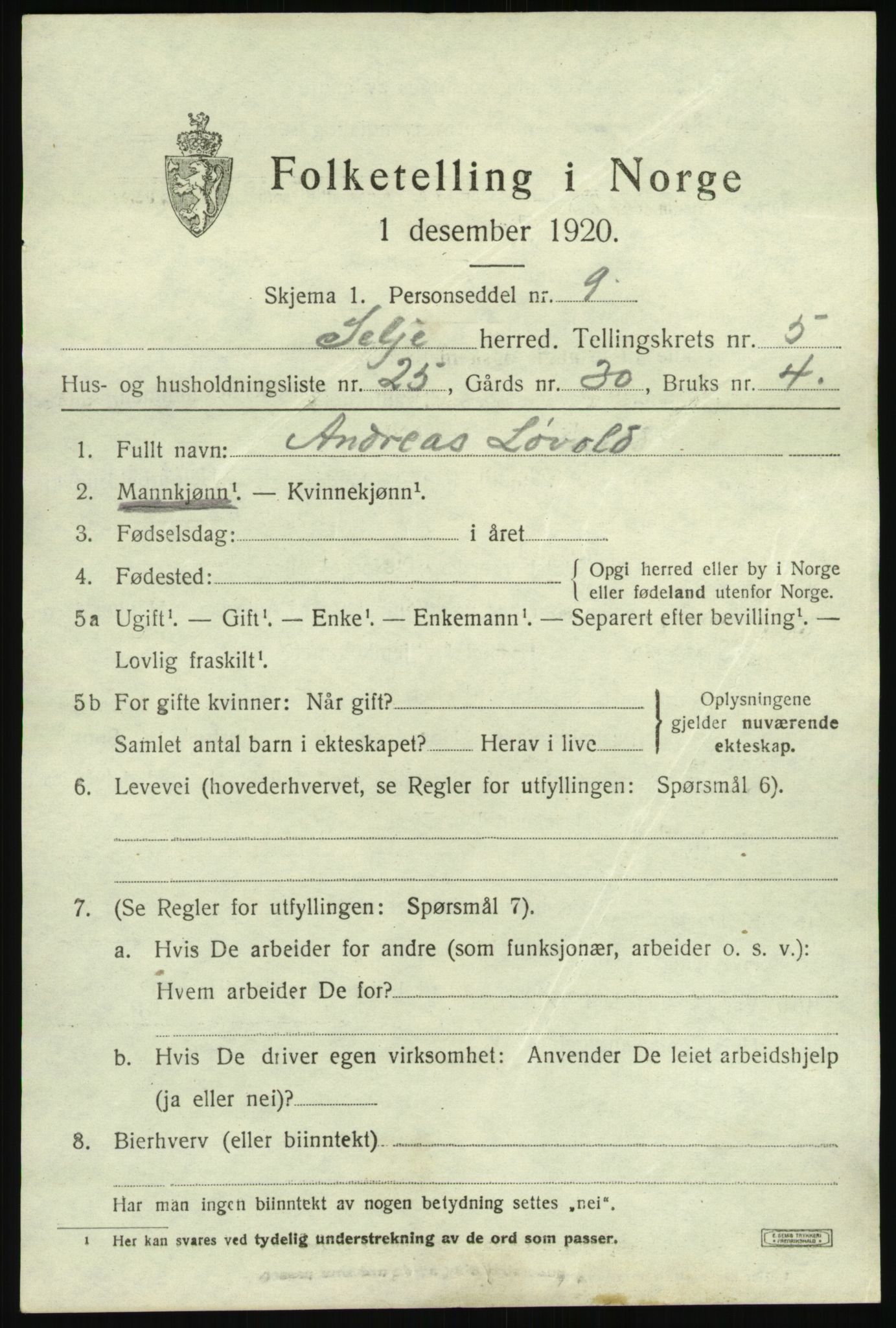 SAB, 1920 census for Selje, 1920, p. 3361