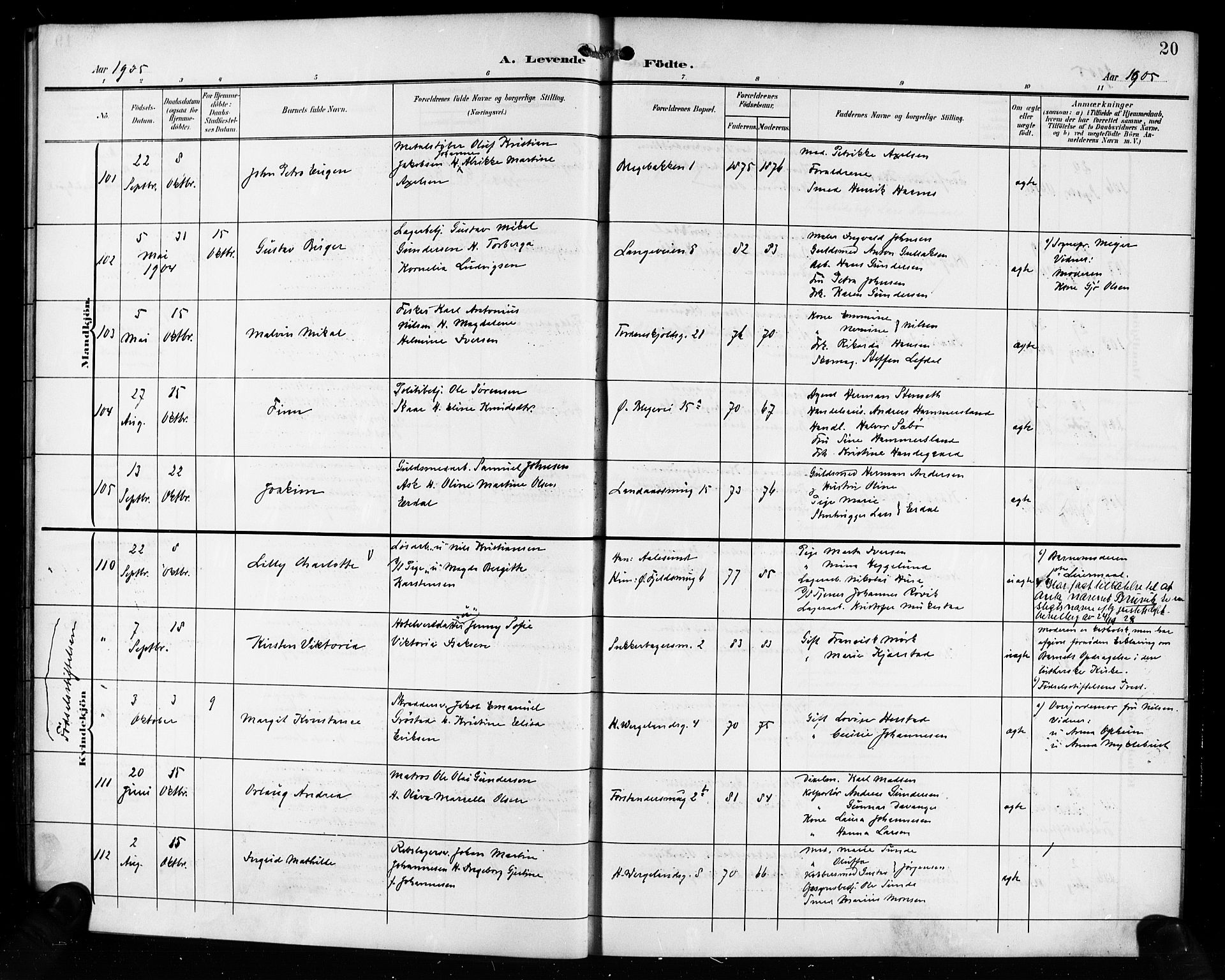 Korskirken sokneprestembete, AV/SAB-A-76101/H/Hab: Parish register (copy) no. B 11, 1905-1916, p. 20