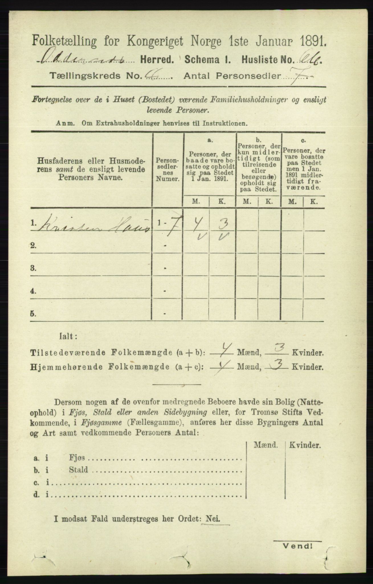 RA, 1891 census for 1012 Oddernes, 1891, p. 2698