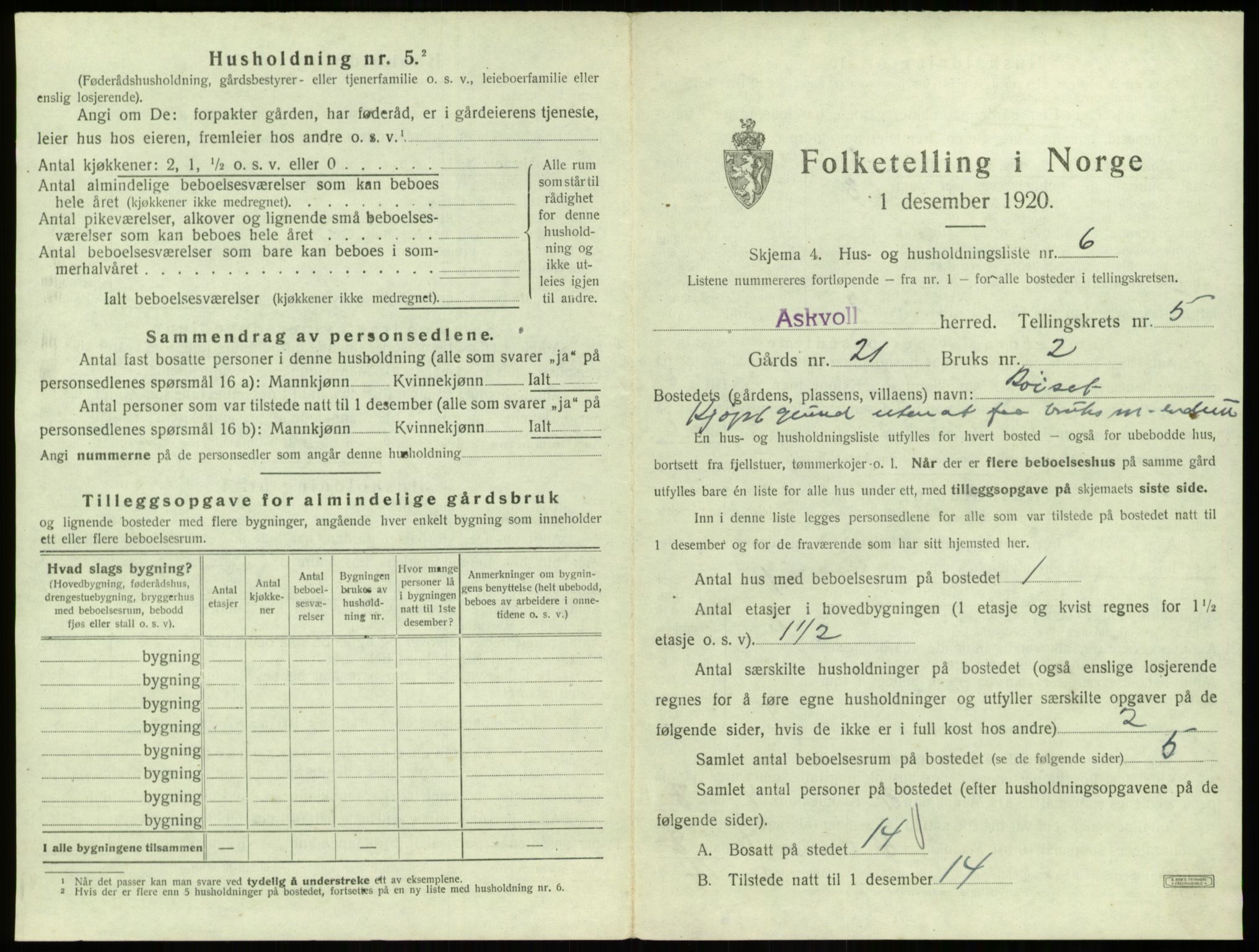 SAB, 1920 census for Askvoll, 1920, p. 277