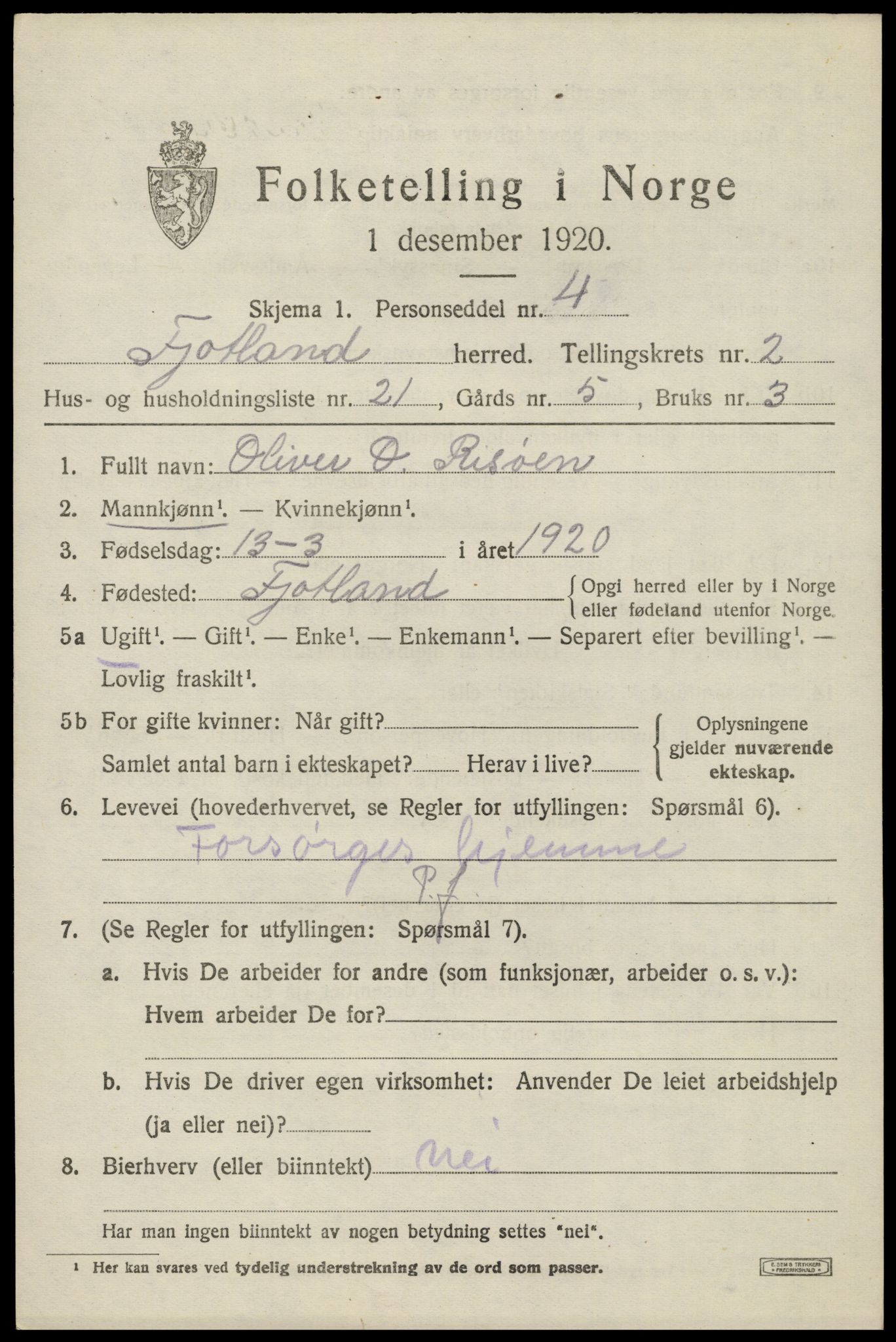 SAK, 1920 census for Fjotland, 1920, p. 910
