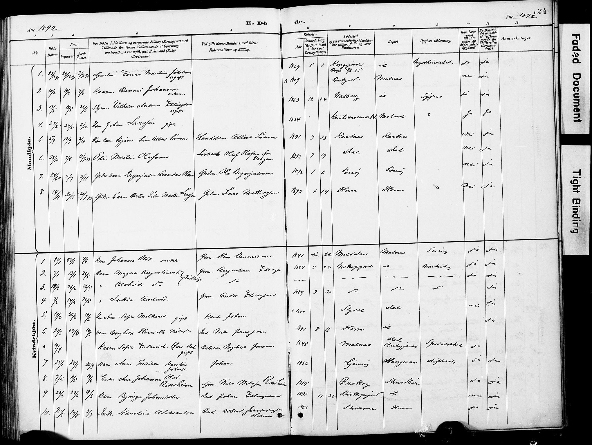 Ministerialprotokoller, klokkerbøker og fødselsregistre - Nordland, AV/SAT-A-1459/884/L1197: Parish register (copy) no. 884C03, 1888-1926, p. 124