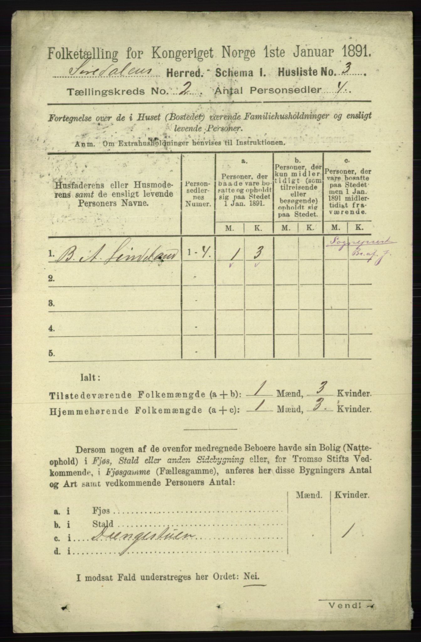 RA, 1891 census for 1046 Sirdal, 1891, p. 291