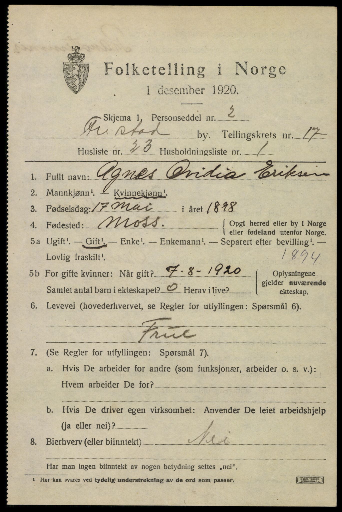 SAO, 1920 census for Fredrikstad, 1920, p. 39223