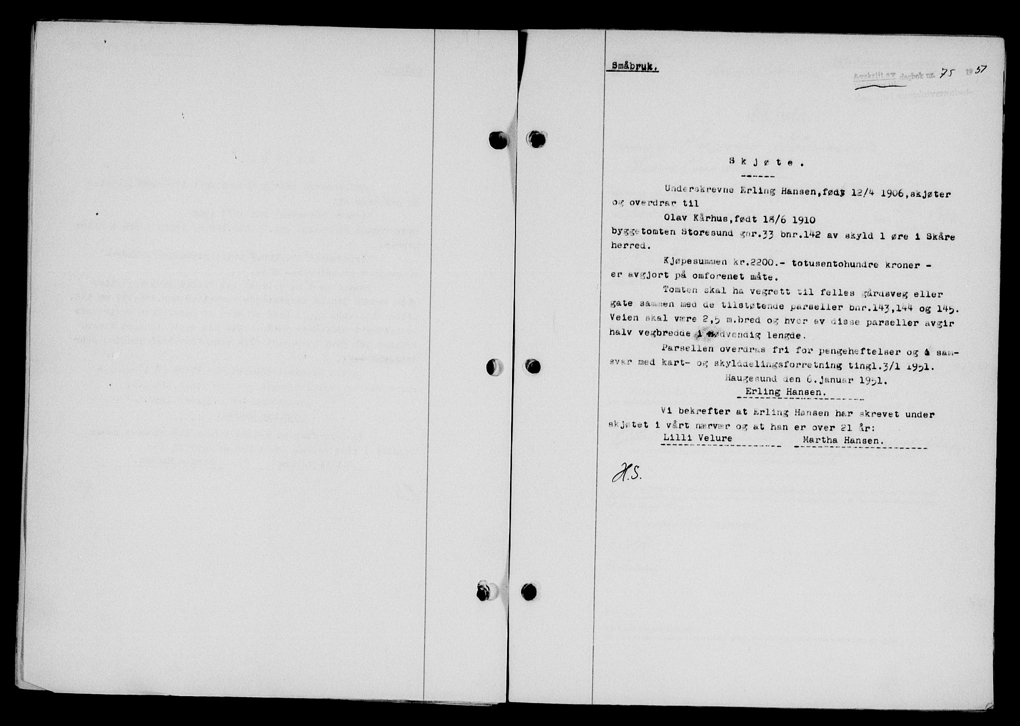 Karmsund sorenskriveri, SAST/A-100311/01/II/IIB/L0101: Mortgage book no. 81A, 1950-1951, Diary no: : 75/1951