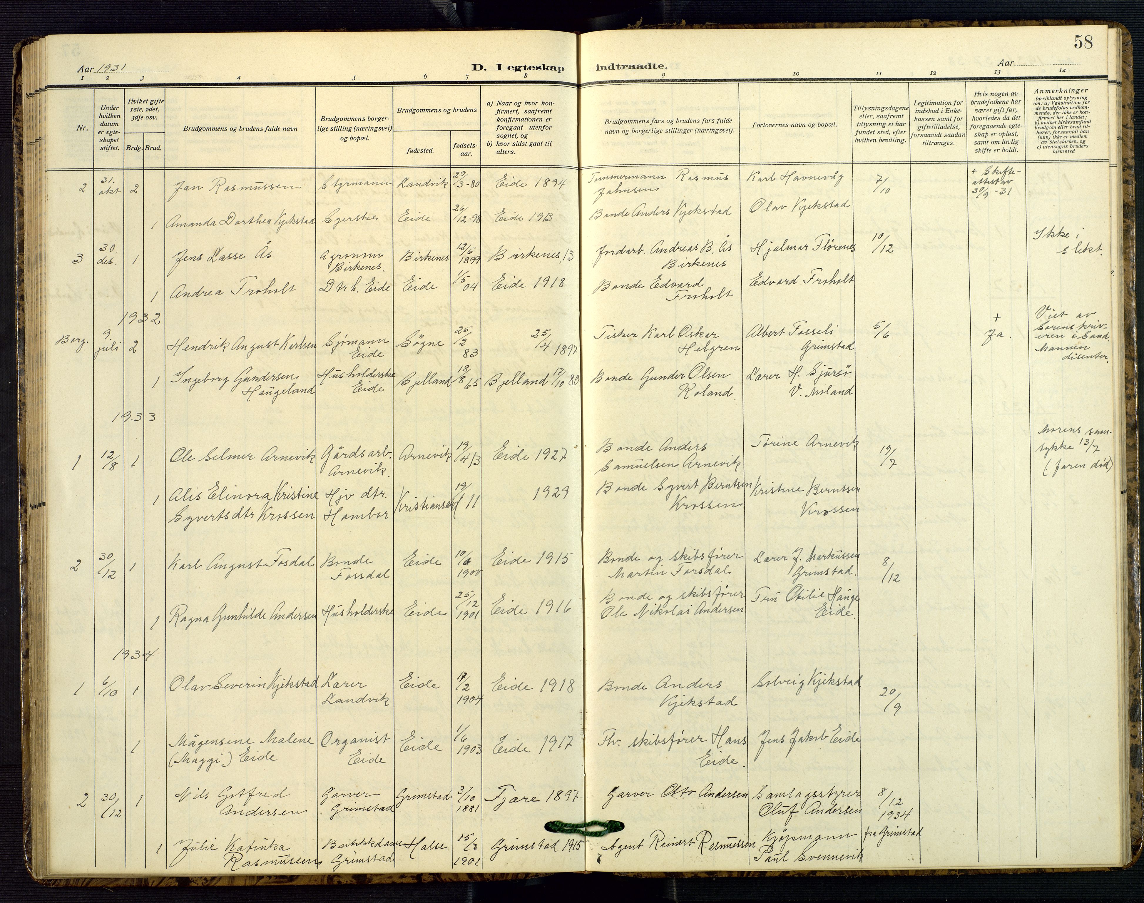 Hommedal sokneprestkontor, SAK/1111-0023/F/Fb/Fba/L0005: Parish register (copy) no. B 5, 1909-1957, p. 58