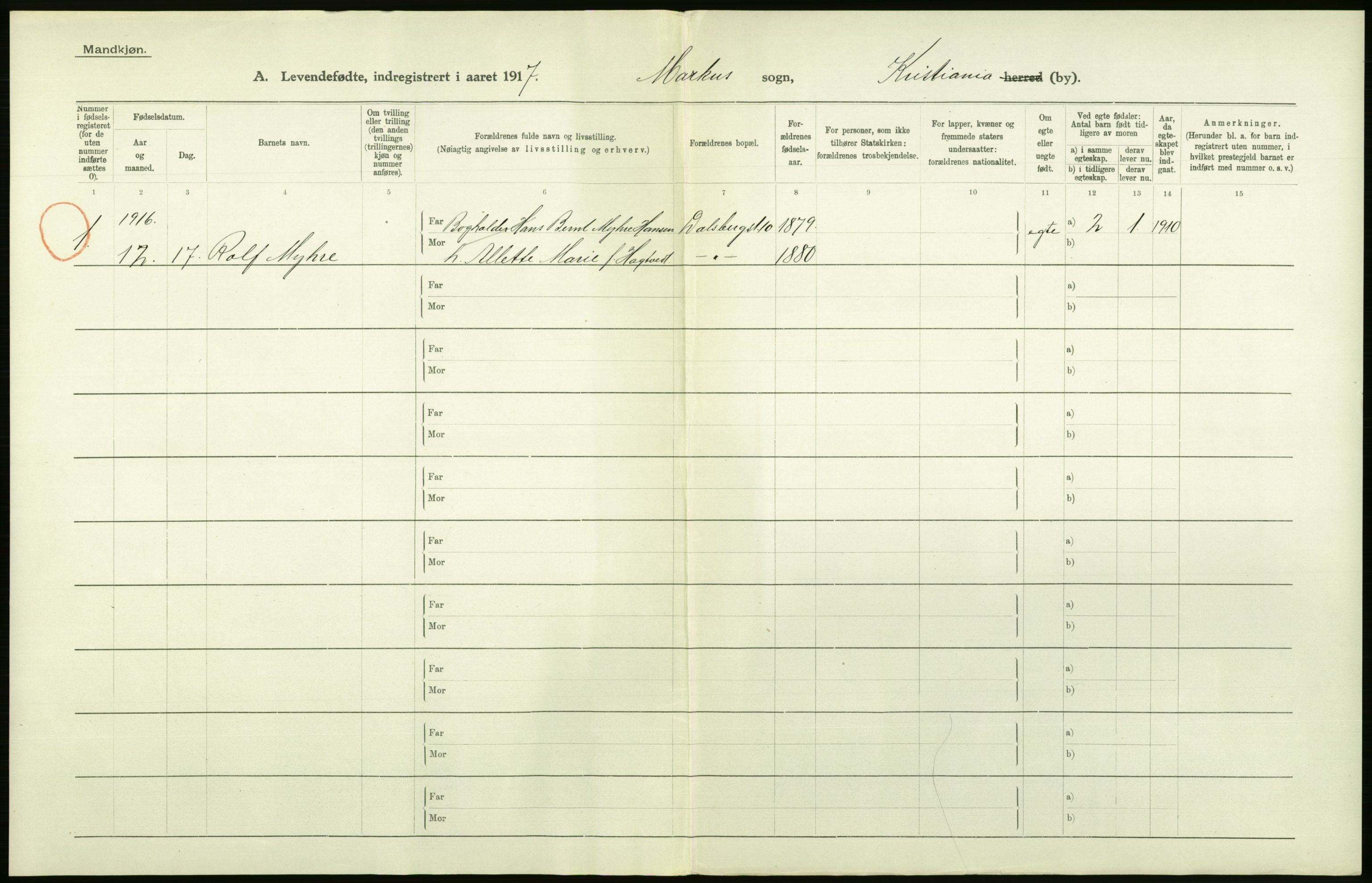 Statistisk sentralbyrå, Sosiodemografiske emner, Befolkning, AV/RA-S-2228/D/Df/Dfb/Dfbg/L0007: Kristiania: Levendefødte menn og kvinner., 1917, p. 180