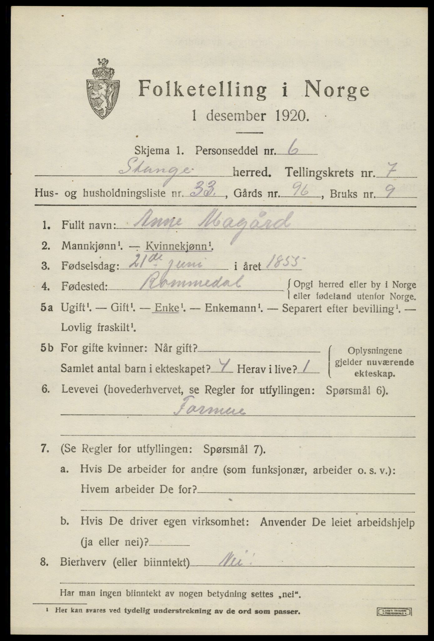 SAH, 1920 census for Stange, 1920, p. 12617