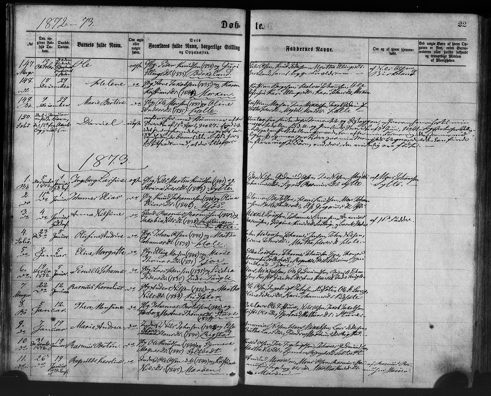 Manger sokneprestembete, SAB/A-76801/H/Haa: Parish register (official) no. A 8, 1871-1880, p. 22
