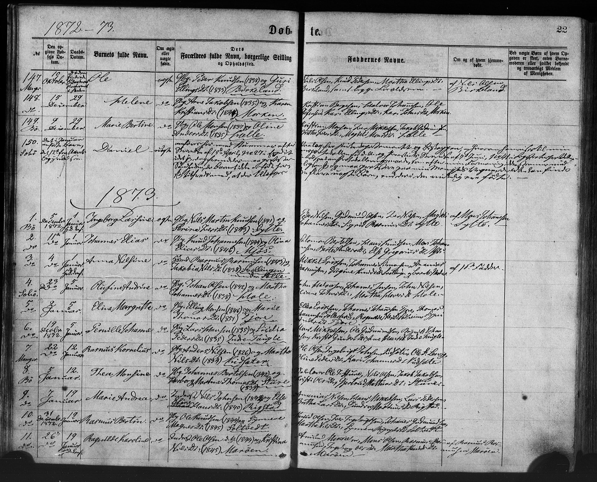 Manger sokneprestembete, AV/SAB-A-76801/H/Haa: Parish register (official) no. A 8, 1871-1880, p. 22