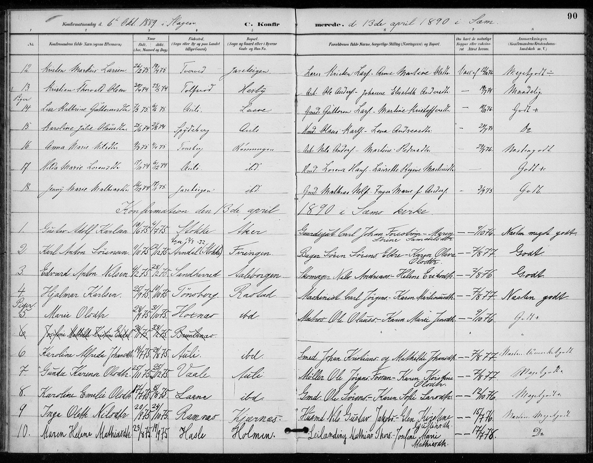 Sem kirkebøker, AV/SAKO-A-5/F/Fa/L0011: Parish register (official) no. I 11, 1888-1904, p. 90