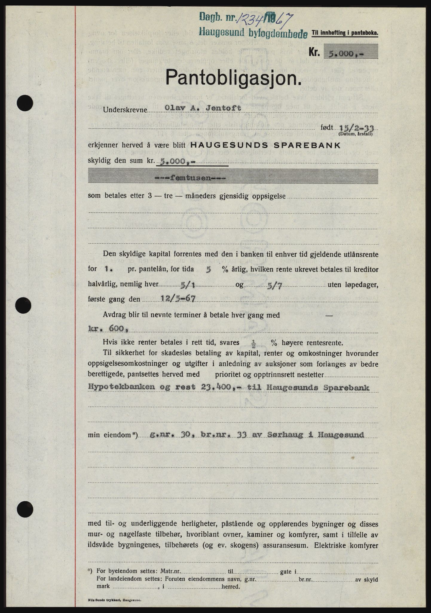 Haugesund tingrett, SAST/A-101415/01/II/IIC/L0056: Mortgage book no. B 56, 1966-1967, Diary no: : 1234/1967