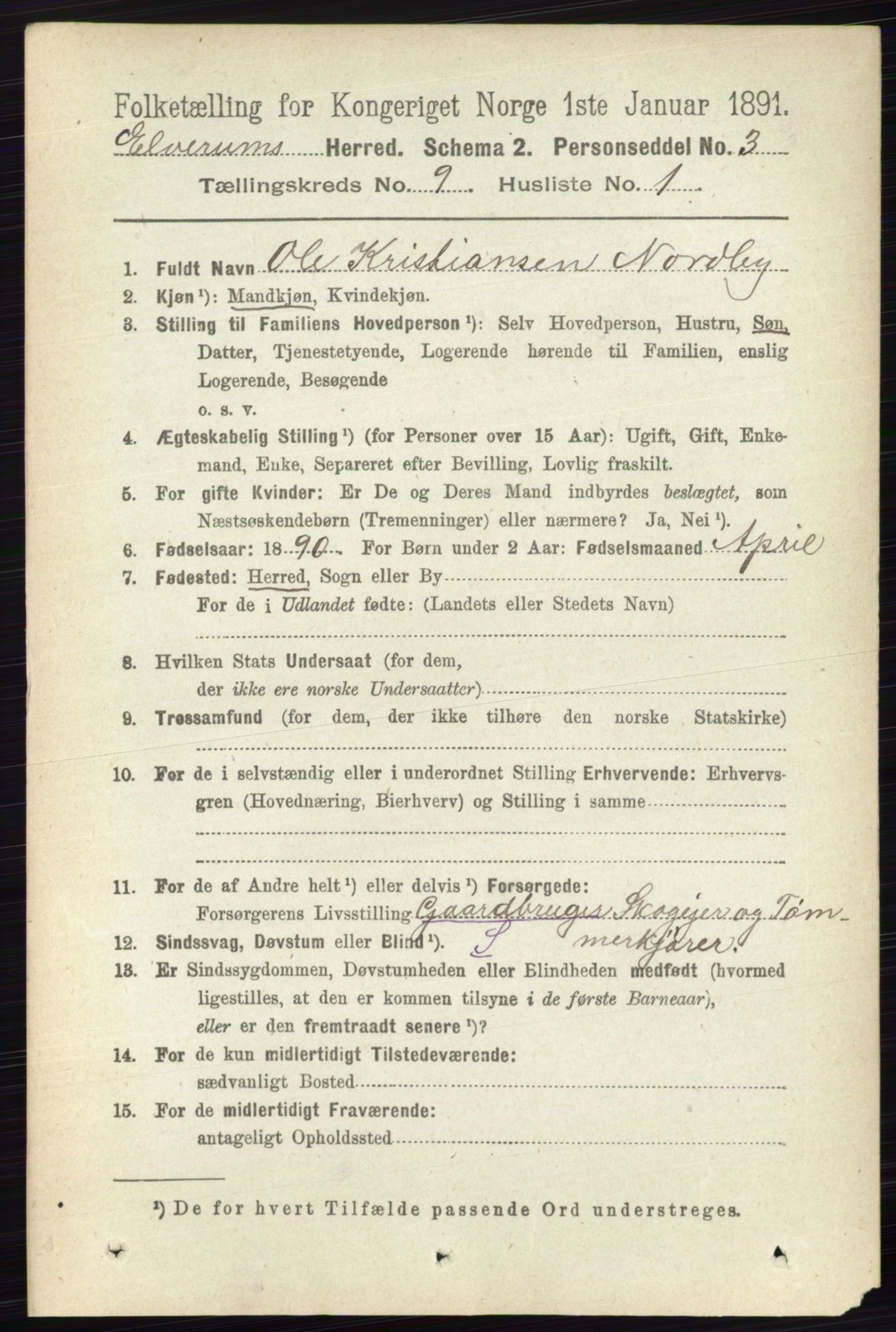 RA, 1891 census for 0427 Elverum, 1891, p. 7687