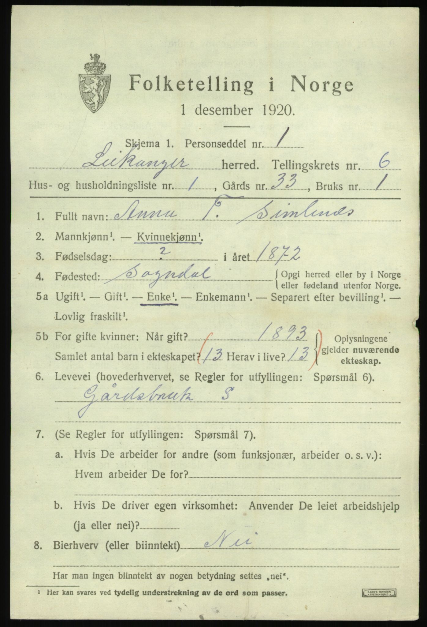 SAB, 1920 census for Leikanger, 1920, p. 3814