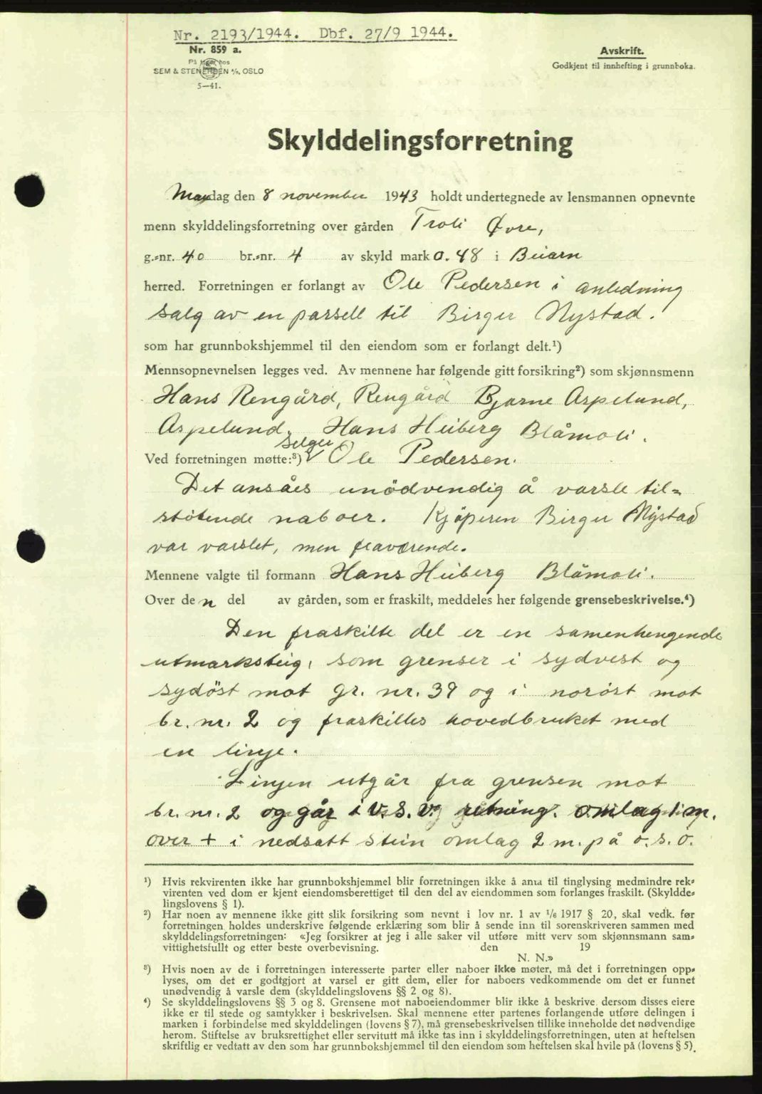 Salten sorenskriveri, AV/SAT-A-4578/1/2/2C: Mortgage book no. A14-15, 1943-1945, Diary no: : 2193/1944