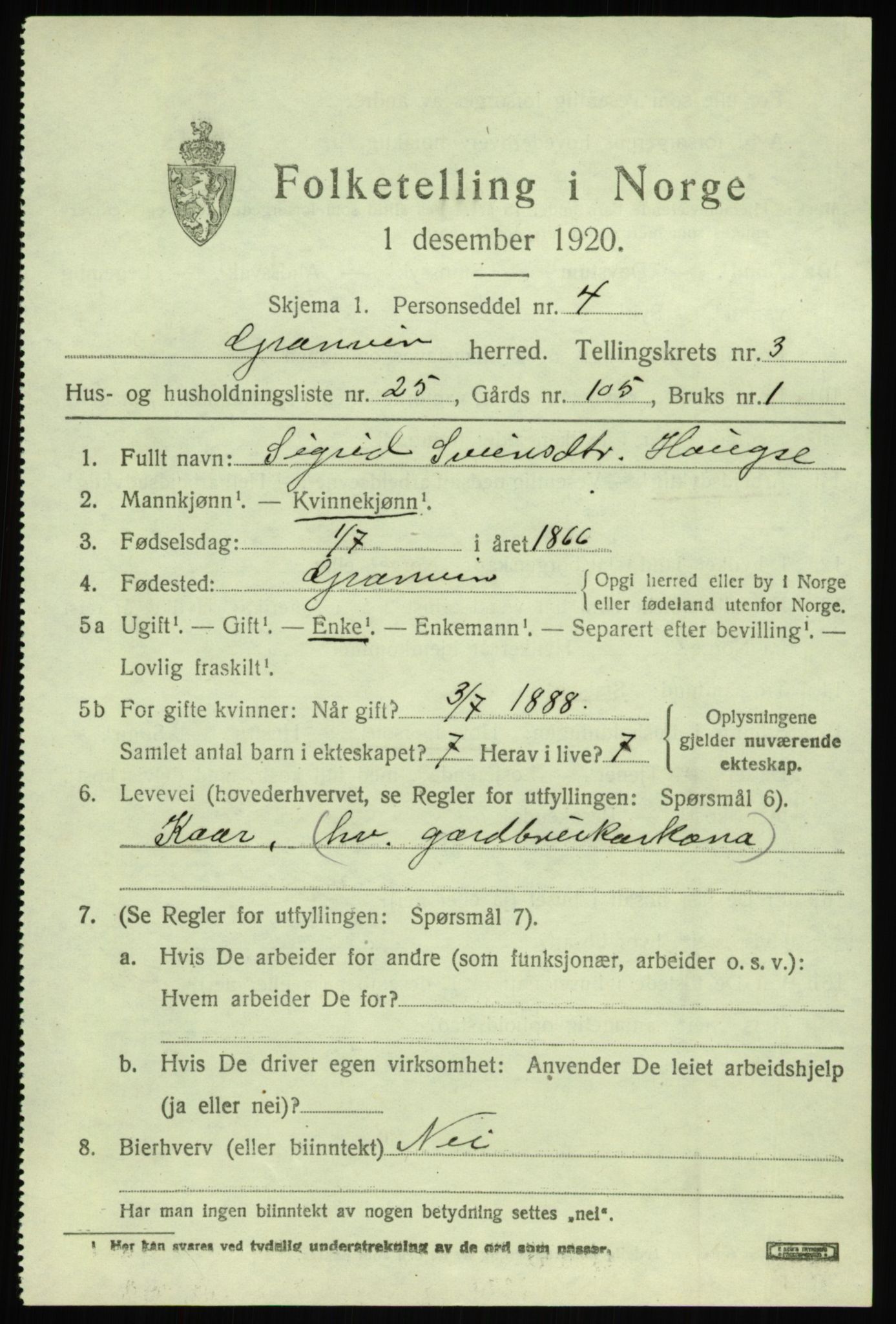 SAB, 1920 census for Granvin, 1920, p. 1420