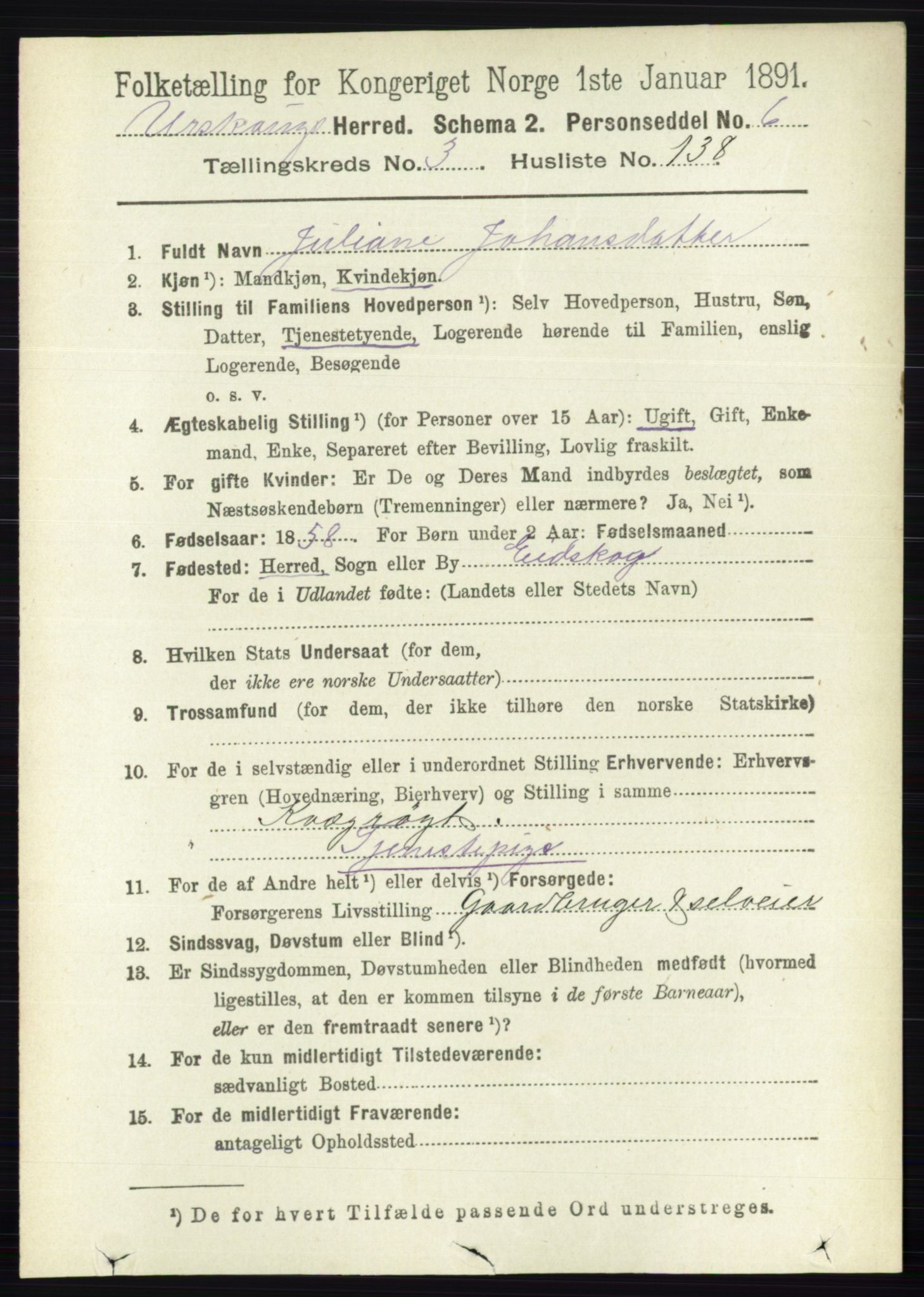 RA, 1891 census for 0224 Aurskog, 1891, p. 1392