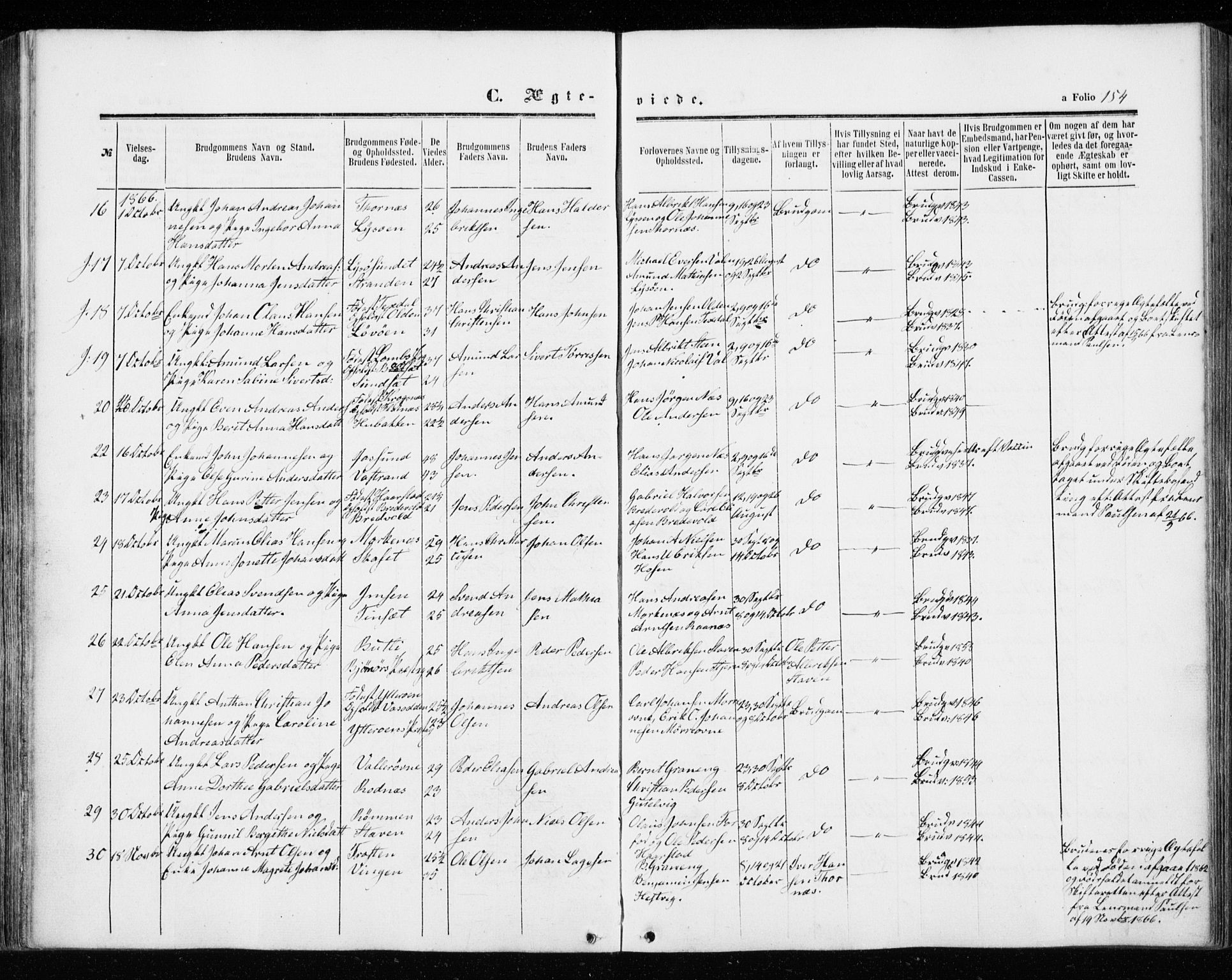 Ministerialprotokoller, klokkerbøker og fødselsregistre - Sør-Trøndelag, AV/SAT-A-1456/655/L0678: Parish register (official) no. 655A07, 1861-1873, p. 154