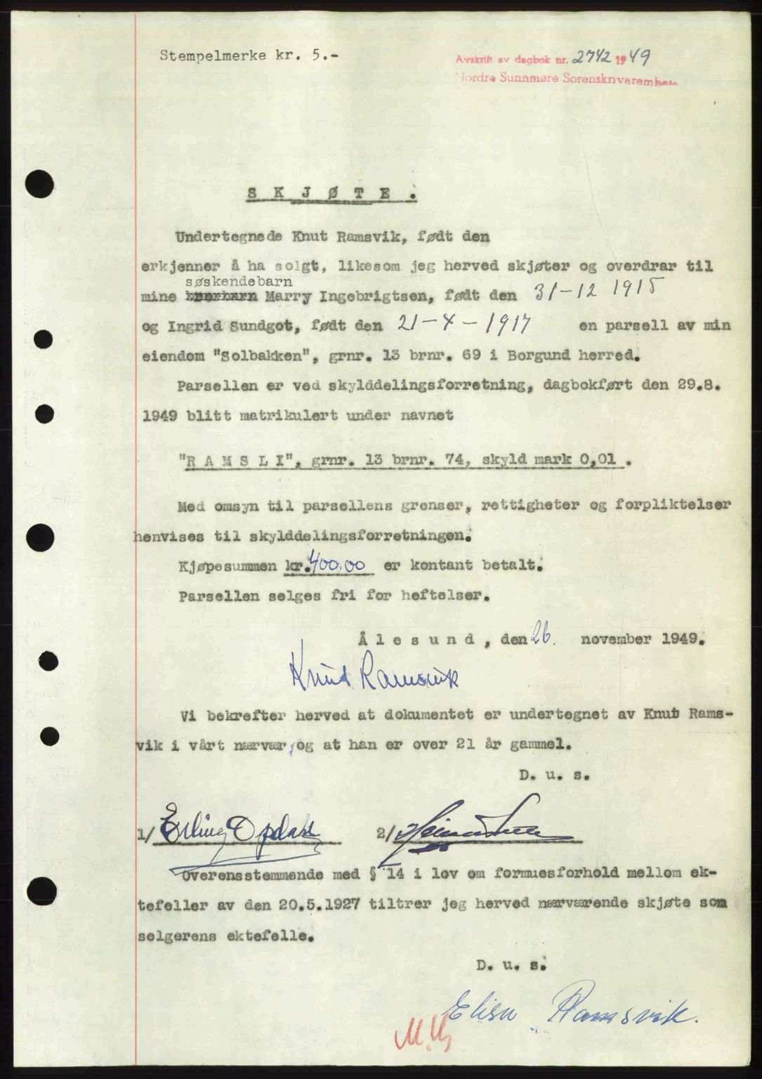 Nordre Sunnmøre sorenskriveri, AV/SAT-A-0006/1/2/2C/2Ca: Mortgage book no. A33, 1949-1950, Diary no: : 2742/1949