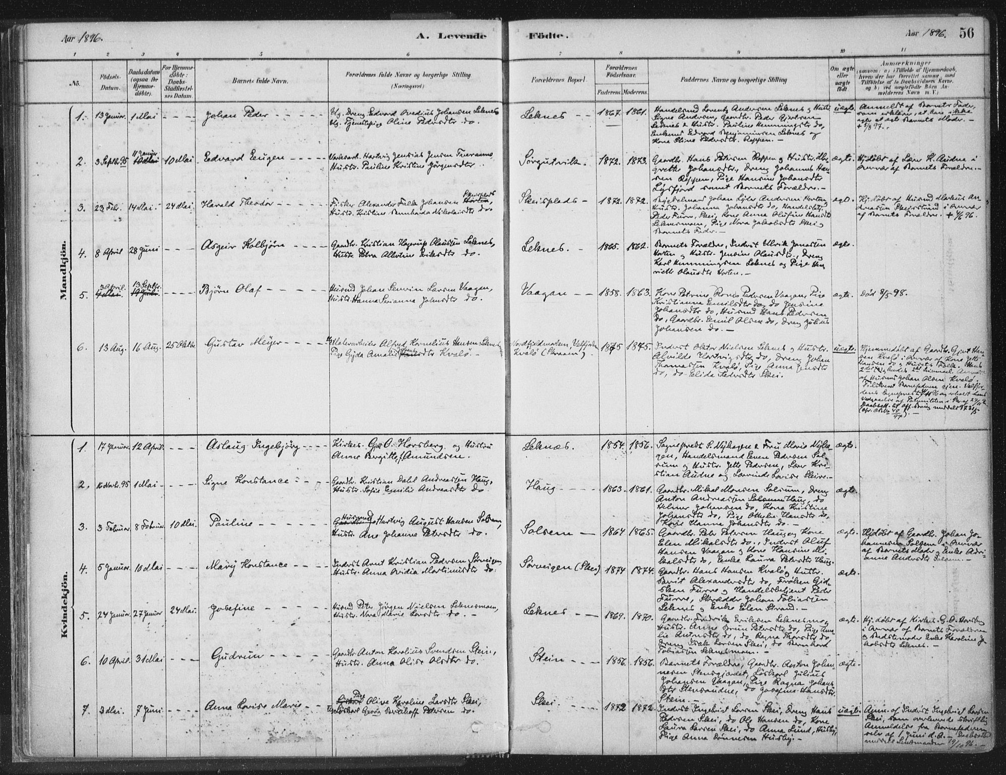 Ministerialprotokoller, klokkerbøker og fødselsregistre - Nord-Trøndelag, AV/SAT-A-1458/788/L0697: Parish register (official) no. 788A04, 1878-1902, p. 56