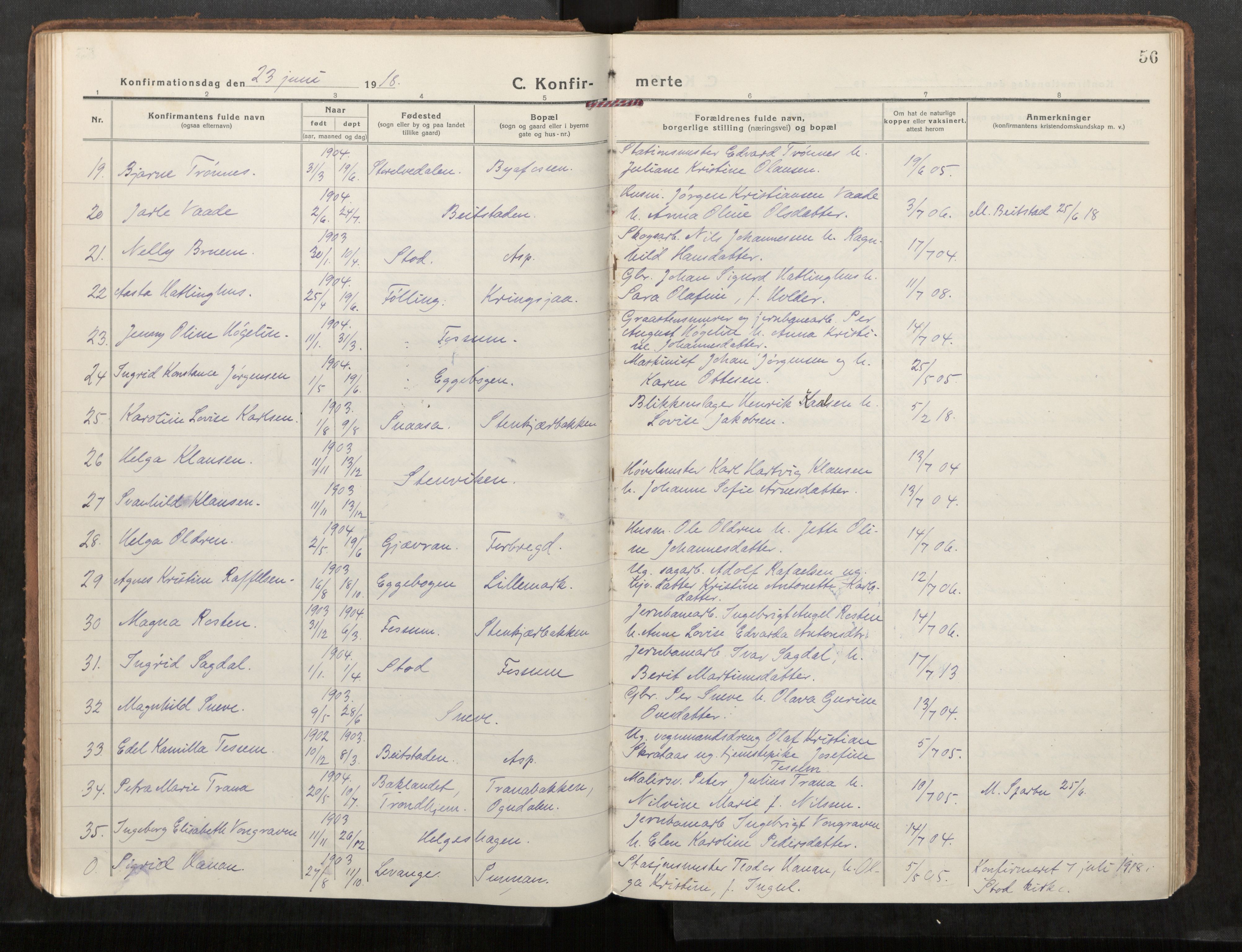 Steinkjer sokneprestkontor, SAT/A-1541/01/H/Ha/Haa/L0004: Parish register (official) no. 4, 1918-1924, p. 56