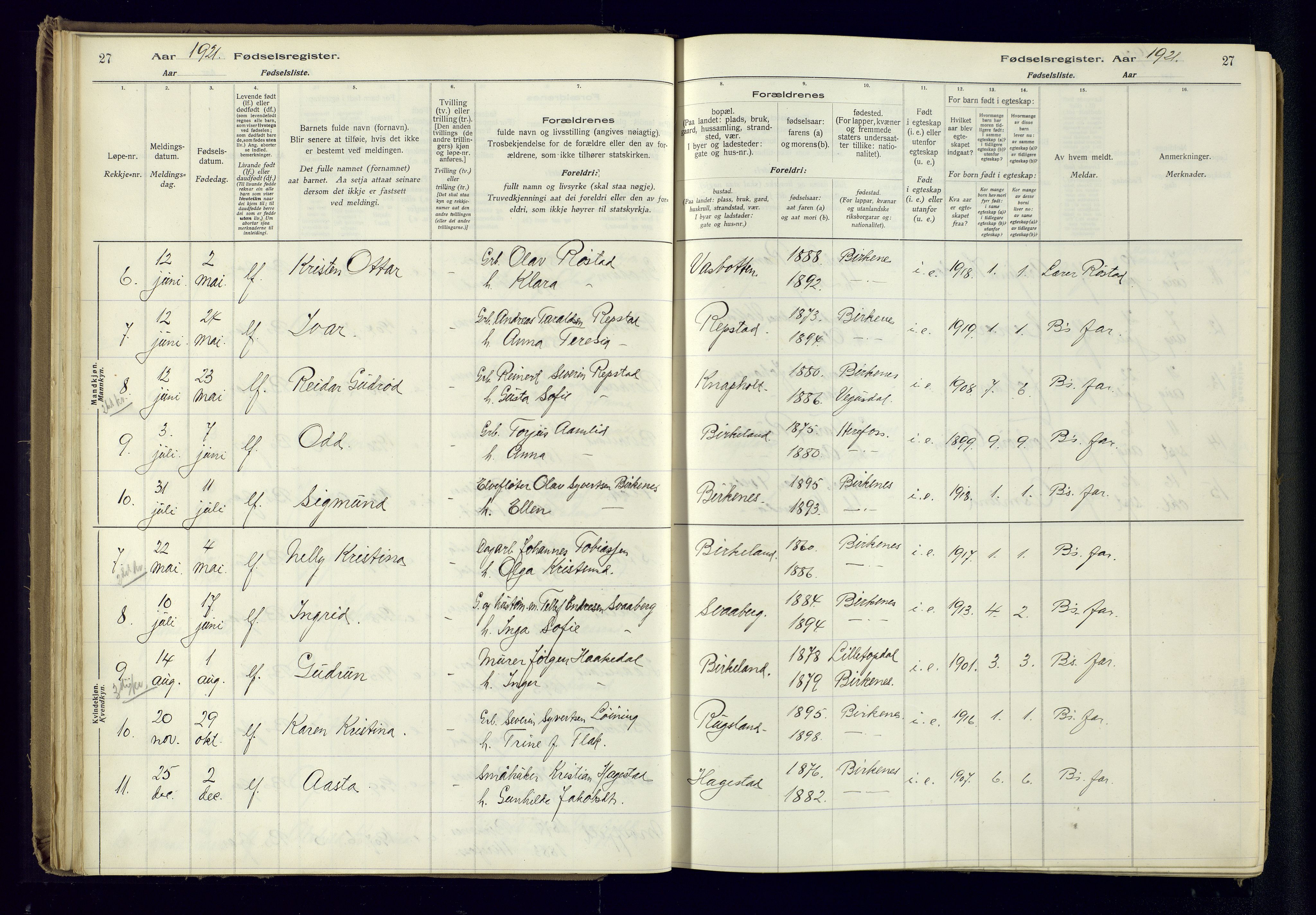 Birkenes sokneprestkontor, AV/SAK-1111-0004/J/Ja/L0001: Birth register no. II.6.4, 1916-1962, p. 27