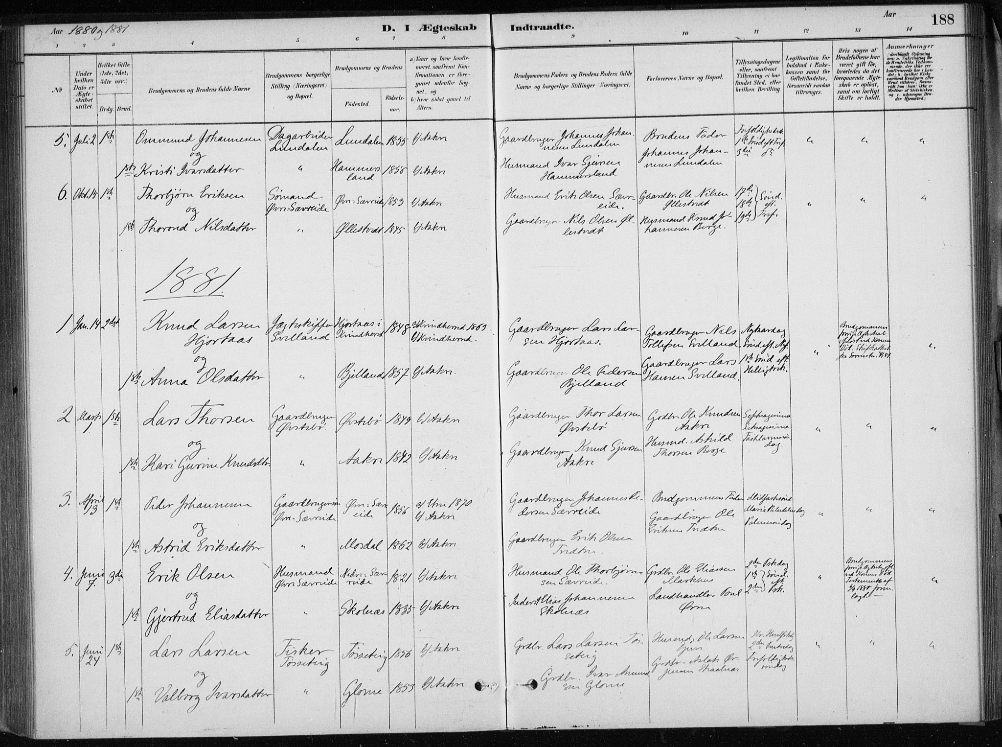 Skånevik sokneprestembete, SAB/A-77801/H/Haa: Parish register (official) no. E  1, 1879-1901, p. 188