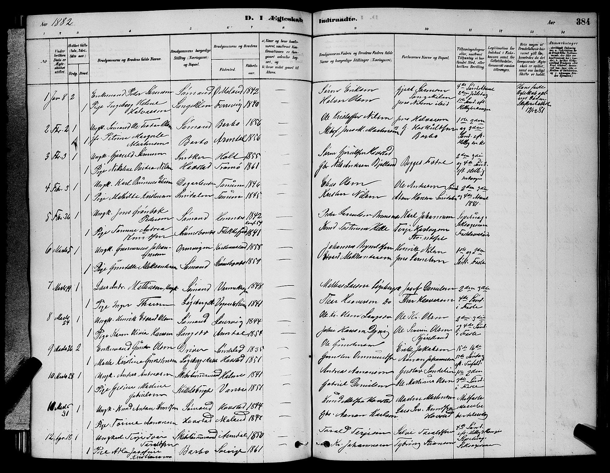 Barbu sokneprestkontor, AV/SAK-1111-0003/F/Fb/L0001: Parish register (copy) no. B 1, 1878-1890, p. 384