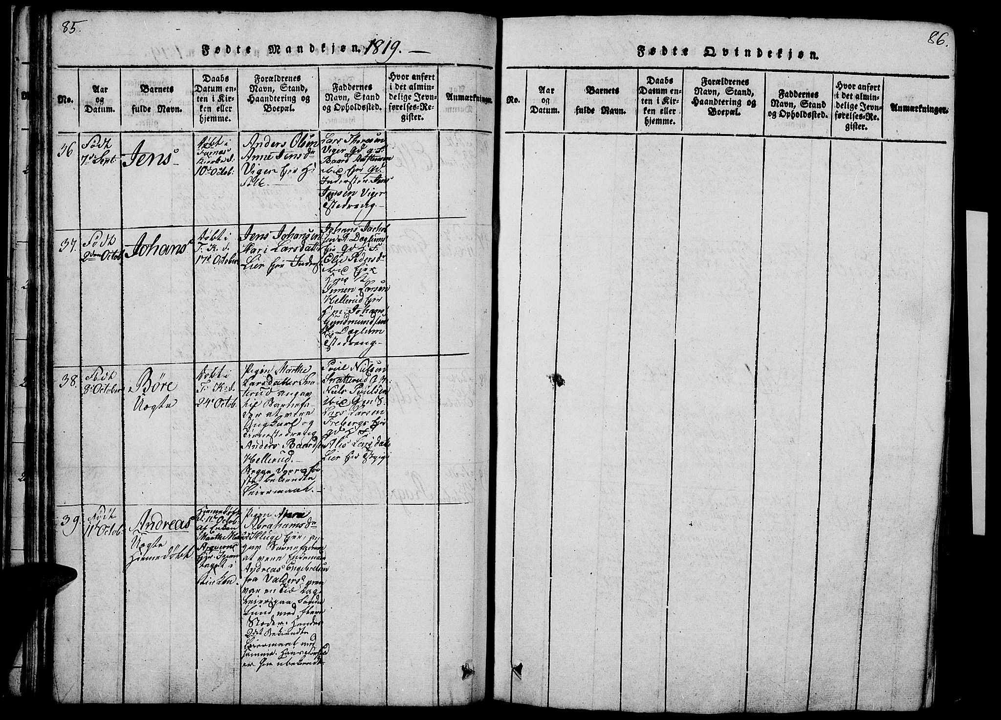 Vang prestekontor, Hedmark, AV/SAH-PREST-008/H/Ha/Haa/L0008: Parish register (official) no. 8, 1815-1826, p. 85-86