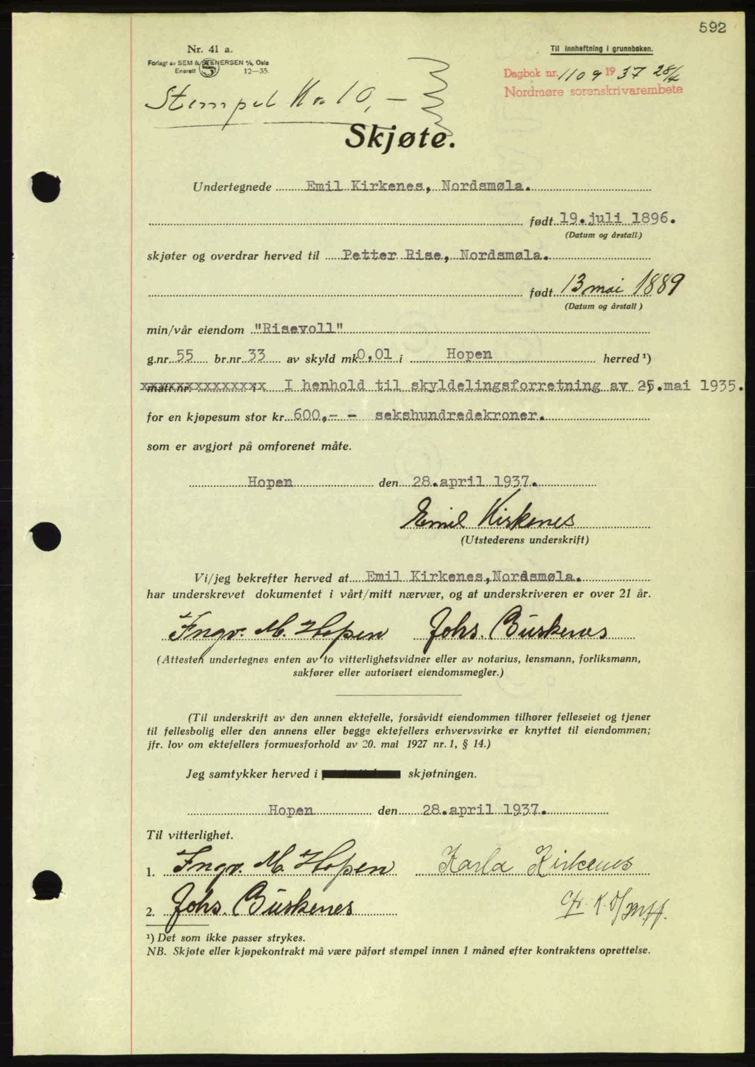 Nordmøre sorenskriveri, AV/SAT-A-4132/1/2/2Ca: Mortgage book no. A81, 1937-1937, Diary no: : 1109/1937