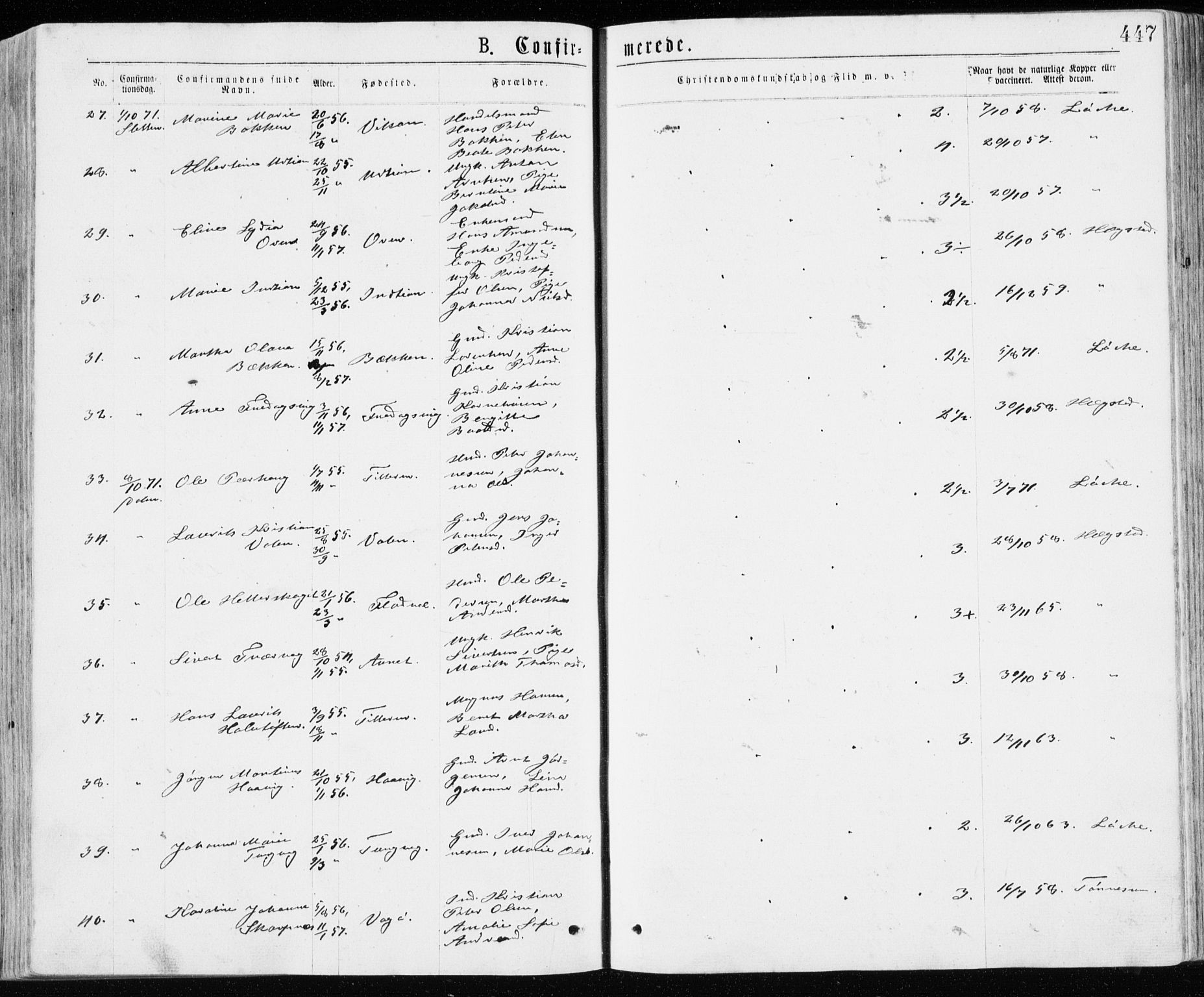 Ministerialprotokoller, klokkerbøker og fødselsregistre - Sør-Trøndelag, SAT/A-1456/640/L0576: Parish register (official) no. 640A01, 1846-1876, p. 447