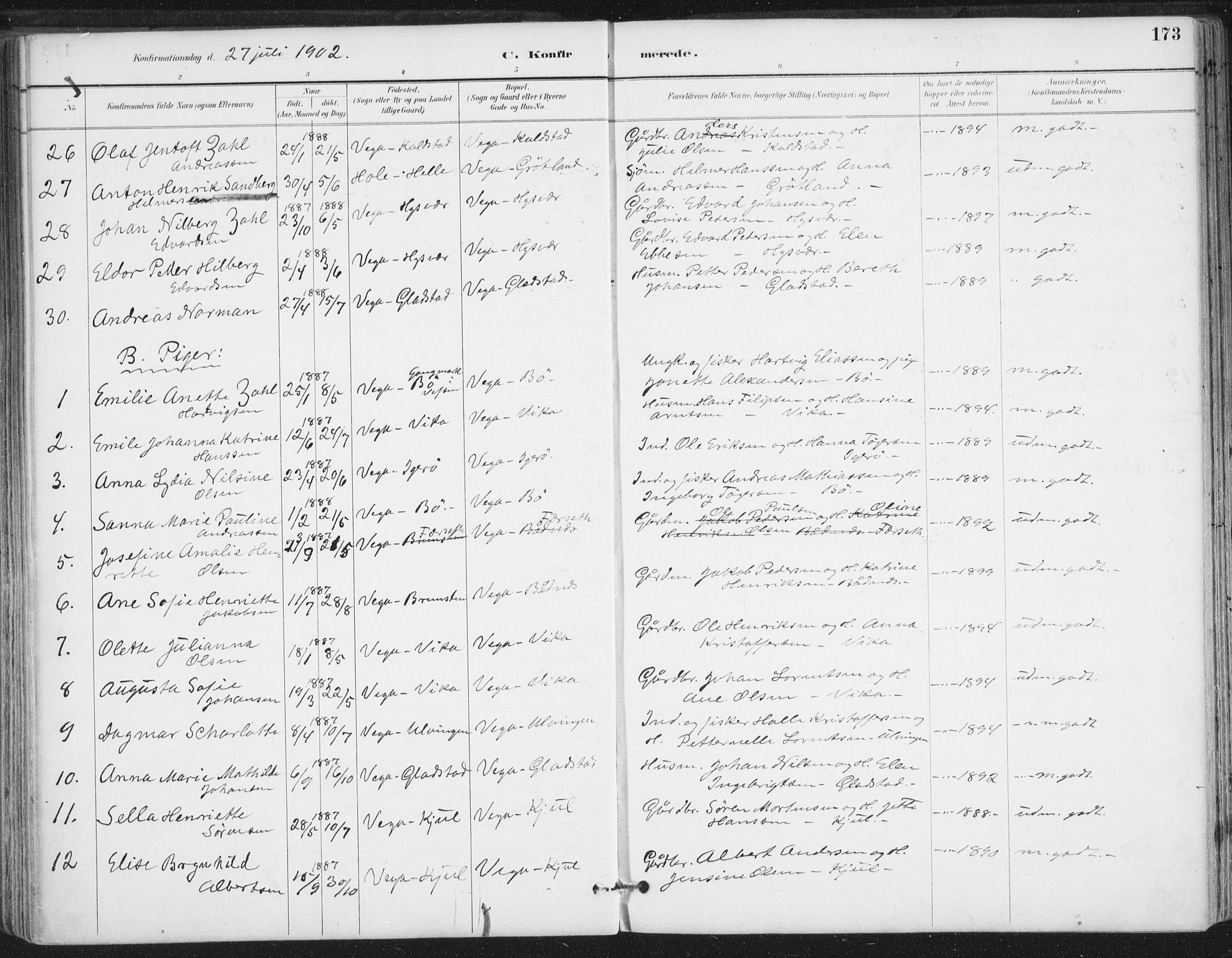 Ministerialprotokoller, klokkerbøker og fødselsregistre - Nordland, AV/SAT-A-1459/816/L0244: Parish register (official) no. 816A10, 1886-1903, p. 173