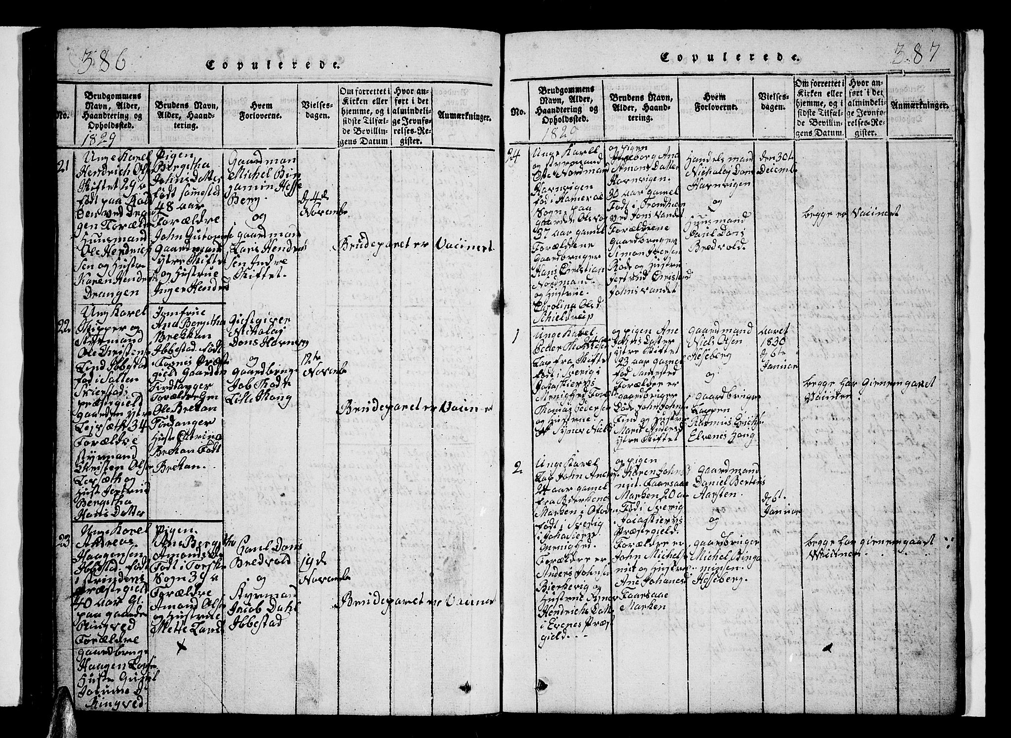 Ibestad sokneprestembete, SATØ/S-0077/H/Ha/Hab/L0002klokker: Parish register (copy) no. 2, 1821-1833, p. 386-387