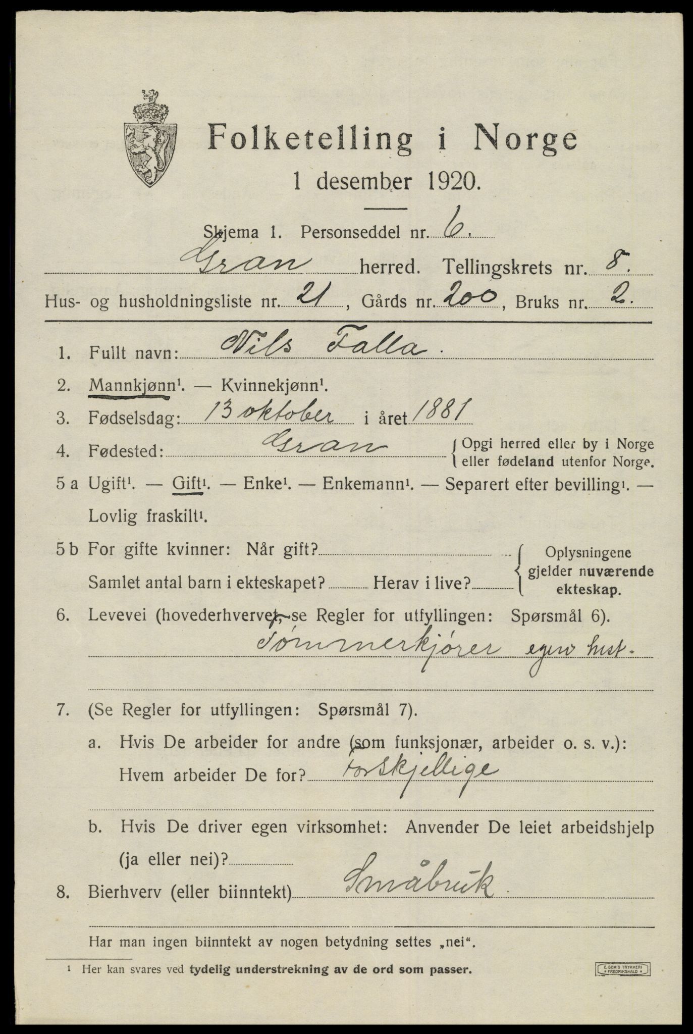 SAH, 1920 census for Gran, 1920, p. 10716