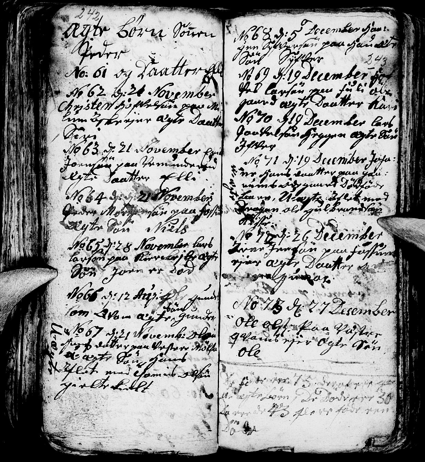 Nes prestekontor, Hedmark, AV/SAH-PREST-020/L/La/L0001: Parish register (copy) no. 1, 1663-1784, p. 242-243