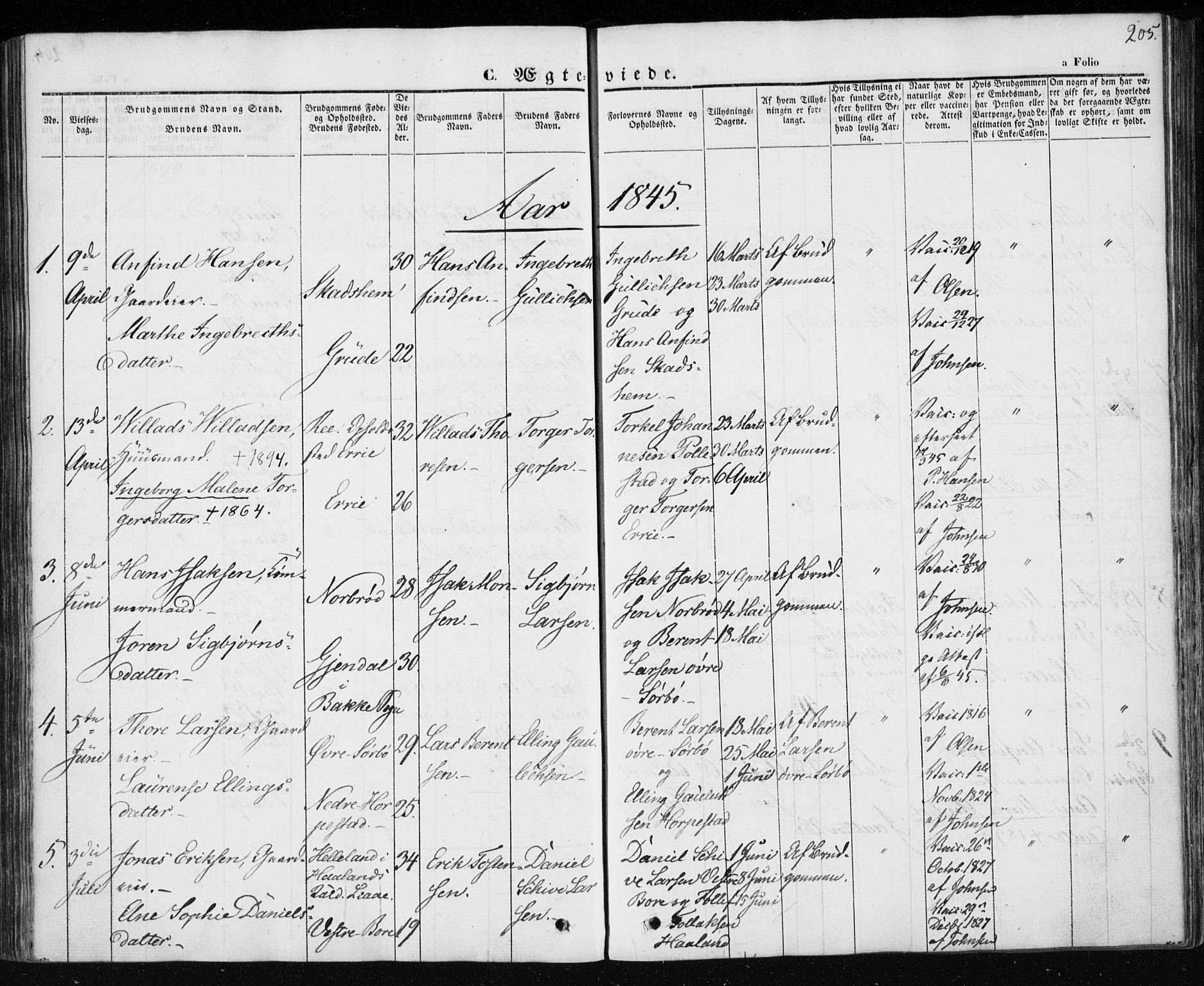Klepp sokneprestkontor, SAST/A-101803/001/3/30BA/L0004: Parish register (official) no. A 4, 1842-1852, p. 205