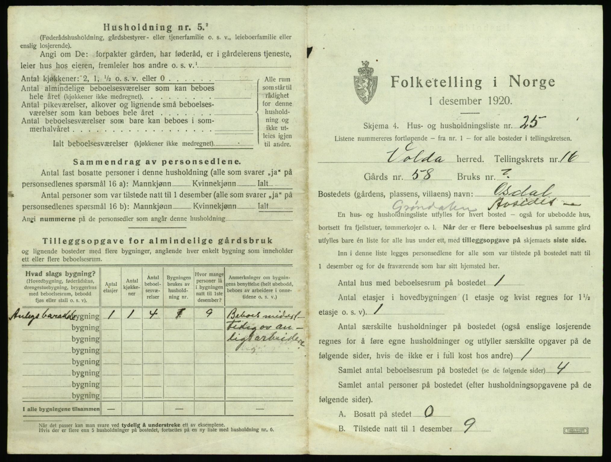 SAT, 1920 census for Volda, 1920, p. 1236