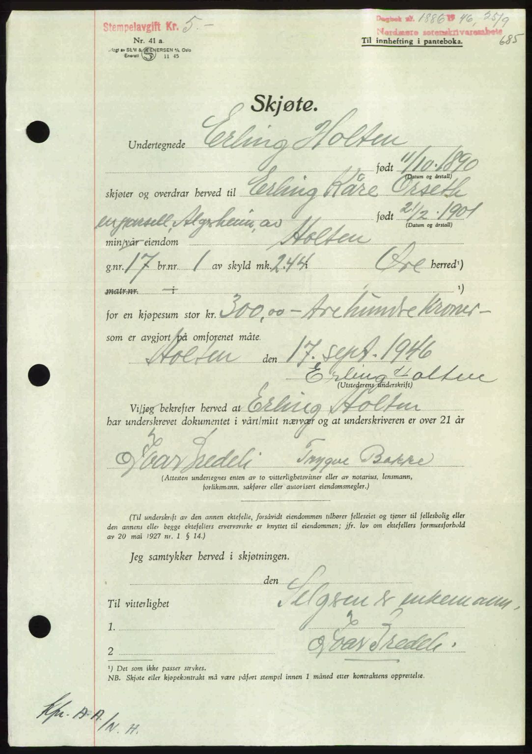 Nordmøre sorenskriveri, AV/SAT-A-4132/1/2/2Ca: Mortgage book no. A102, 1946-1946, Diary no: : 1886/1946