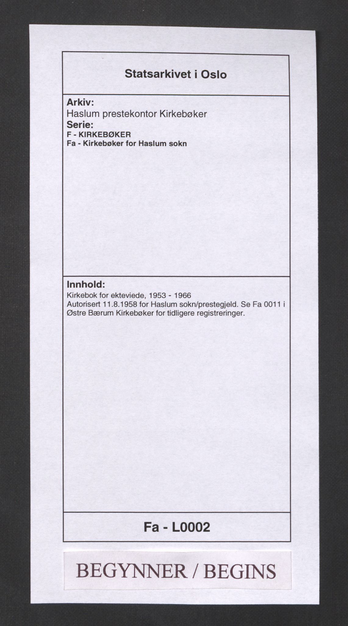 Haslum prestekontor Kirkebøker, AV/SAO-A-10380a/F/Fa/L0002: Parish register (official) no. 2, 1953-1966