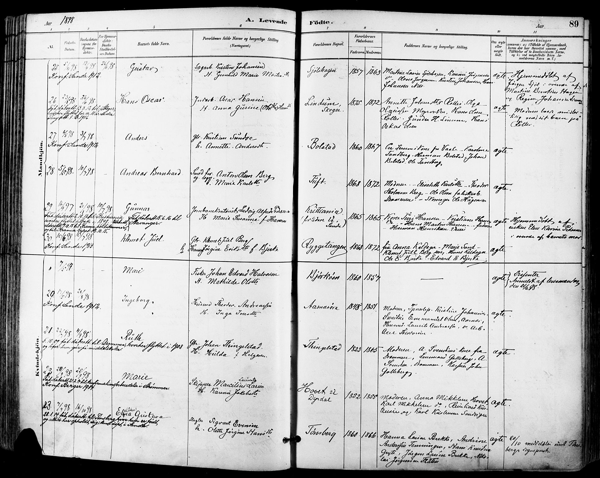 Sande Kirkebøker, SAKO/A-53/F/Fa/L0007: Parish register (official) no. 7, 1888-1903, p. 89