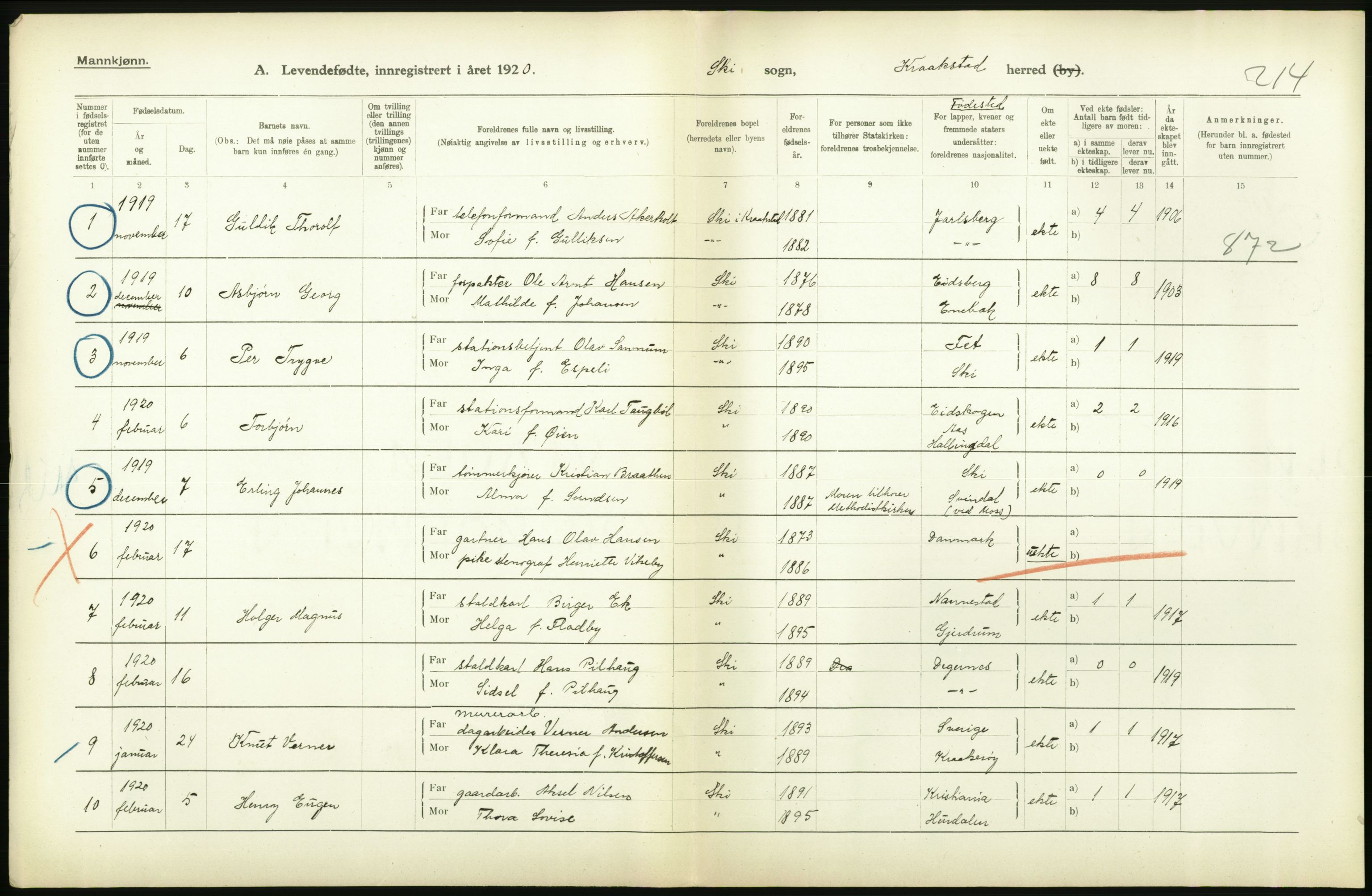 Statistisk sentralbyrå, Sosiodemografiske emner, Befolkning, RA/S-2228/D/Df/Dfb/Dfbj/L0004: Akershus fylke: Levendefødte menn og kvinner. Bygder., 1920, p. 528