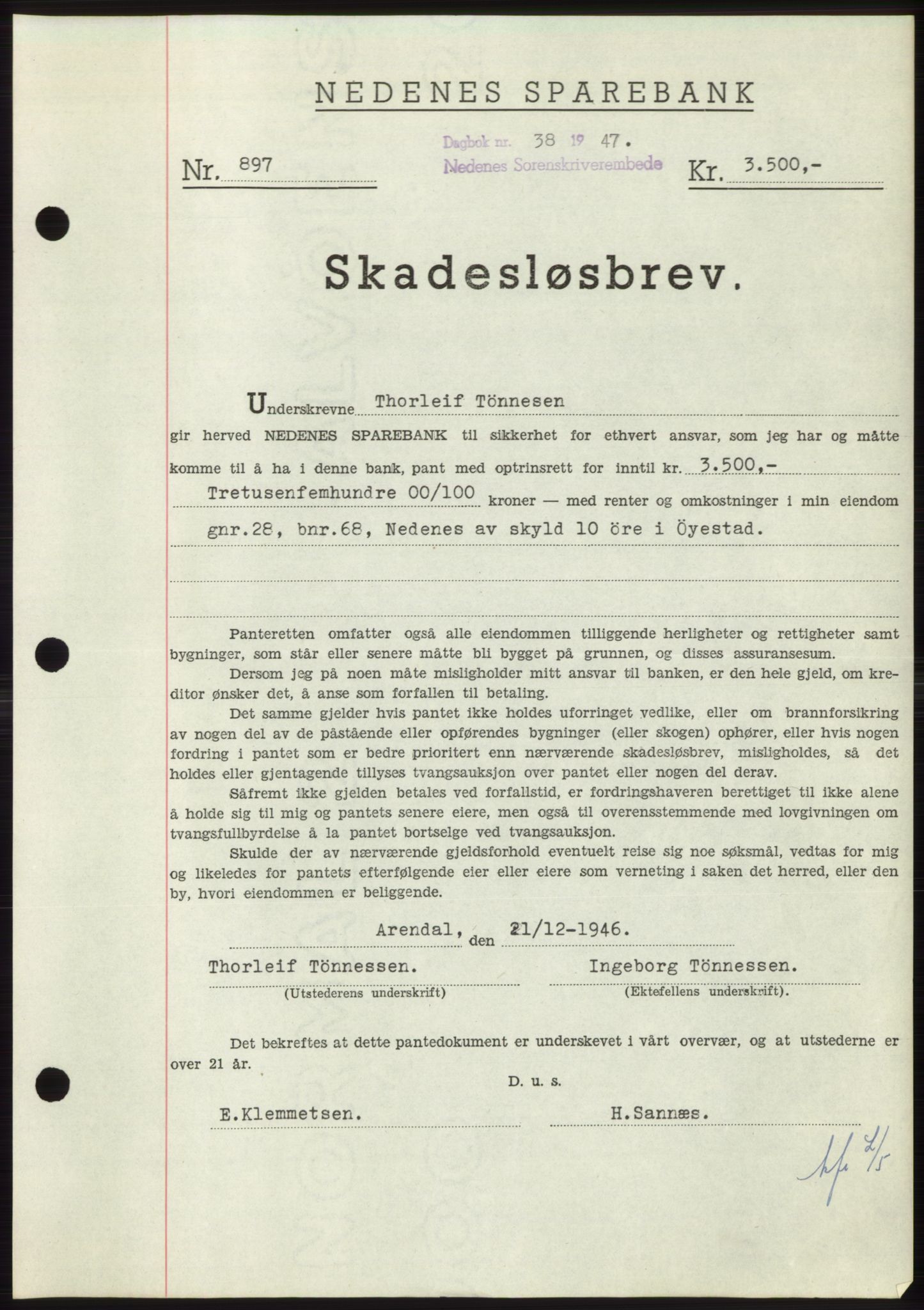 Nedenes sorenskriveri, AV/SAK-1221-0006/G/Gb/Gbb/L0004: Mortgage book no. B4, 1947-1947, Diary no: : 38/1947