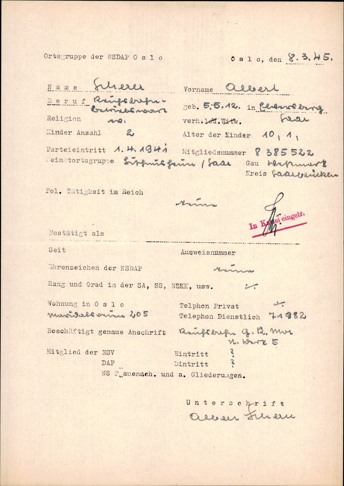 Forsvarets Overkommando. 2 kontor. Arkiv 11.4. Spredte tyske arkivsaker, AV/RA-RAFA-7031/D/Dar/Darb/L0015: Reichskommissariat - NSDAP in Norwegen, 1938-1945, p. 375