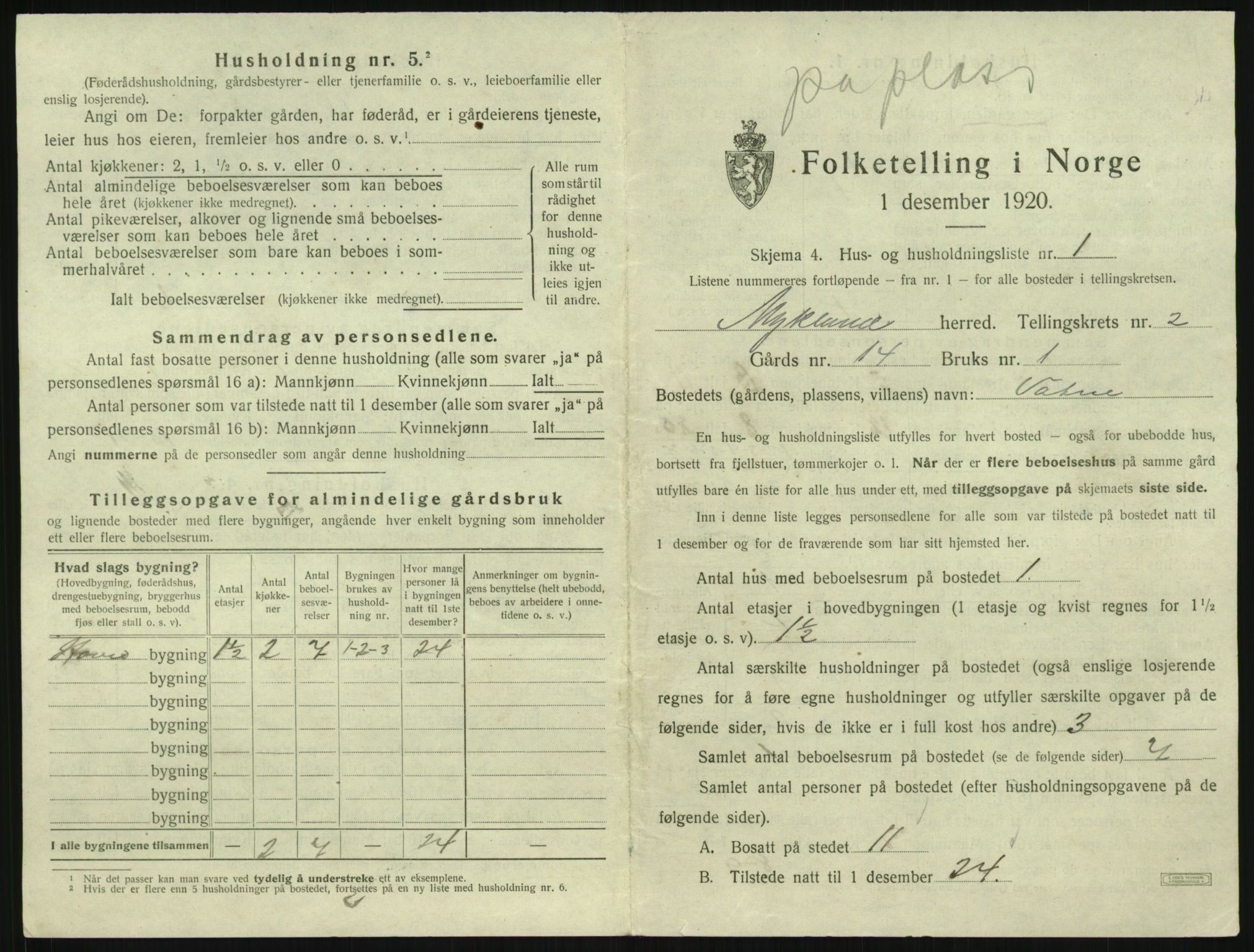 SAK, 1920 census for Mykland, 1920, p. 94