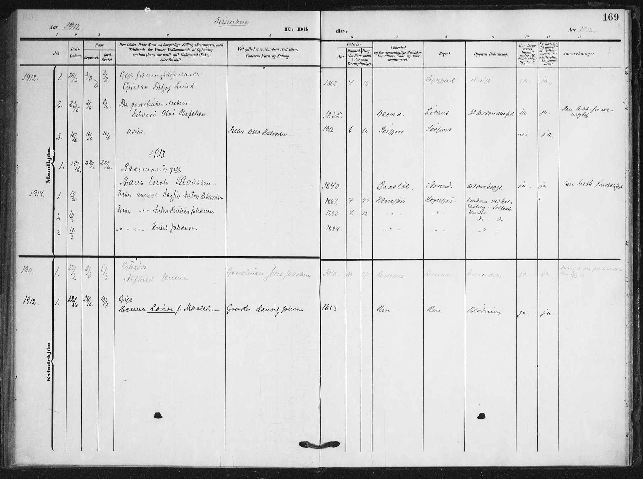 Ministerialprotokoller, klokkerbøker og fødselsregistre - Nordland, AV/SAT-A-1459/895/L1373: Parish register (official) no. 895A08, 1905-1915, p. 169