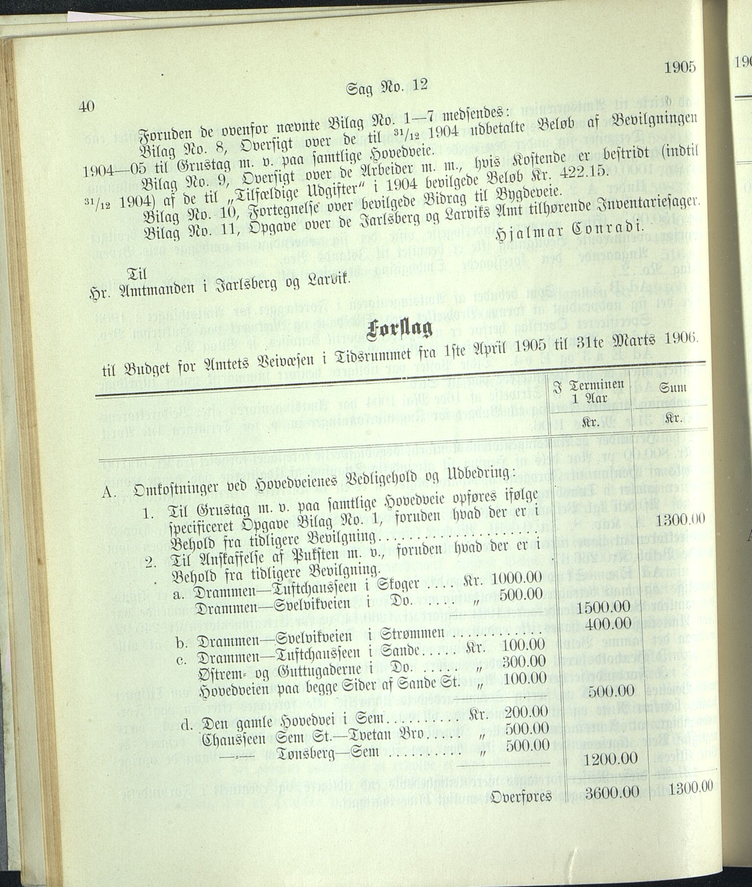 Vestfold fylkeskommune. Fylkestinget, VEMU/A-1315/A/Ab/Abb/L0052: Fylkestingsforhandlinger, 1905, p. 40