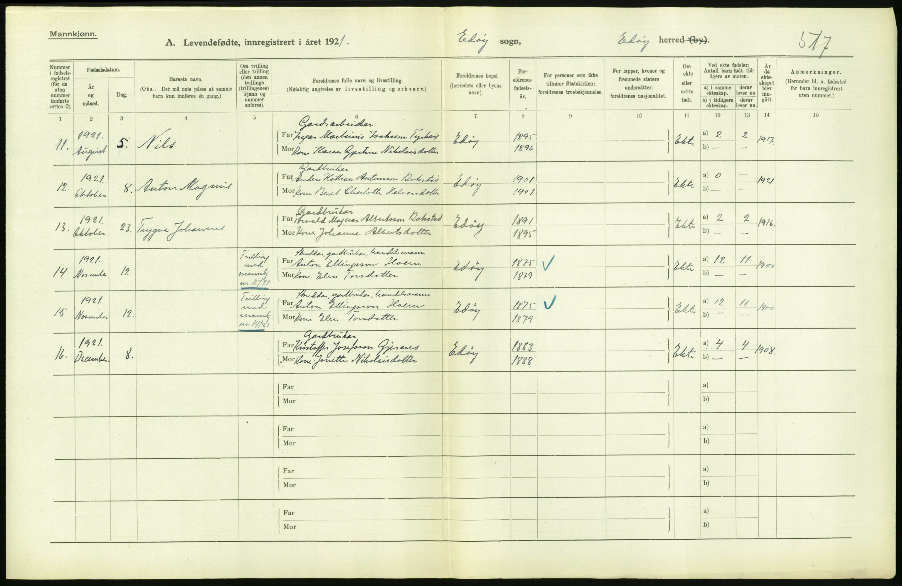 Statistisk sentralbyrå, Sosiodemografiske emner, Befolkning, AV/RA-S-2228/D/Df/Dfc/Dfca/L0040: Møre fylke: Levendefødte menn og kvinner. Bygder., 1921, p. 632